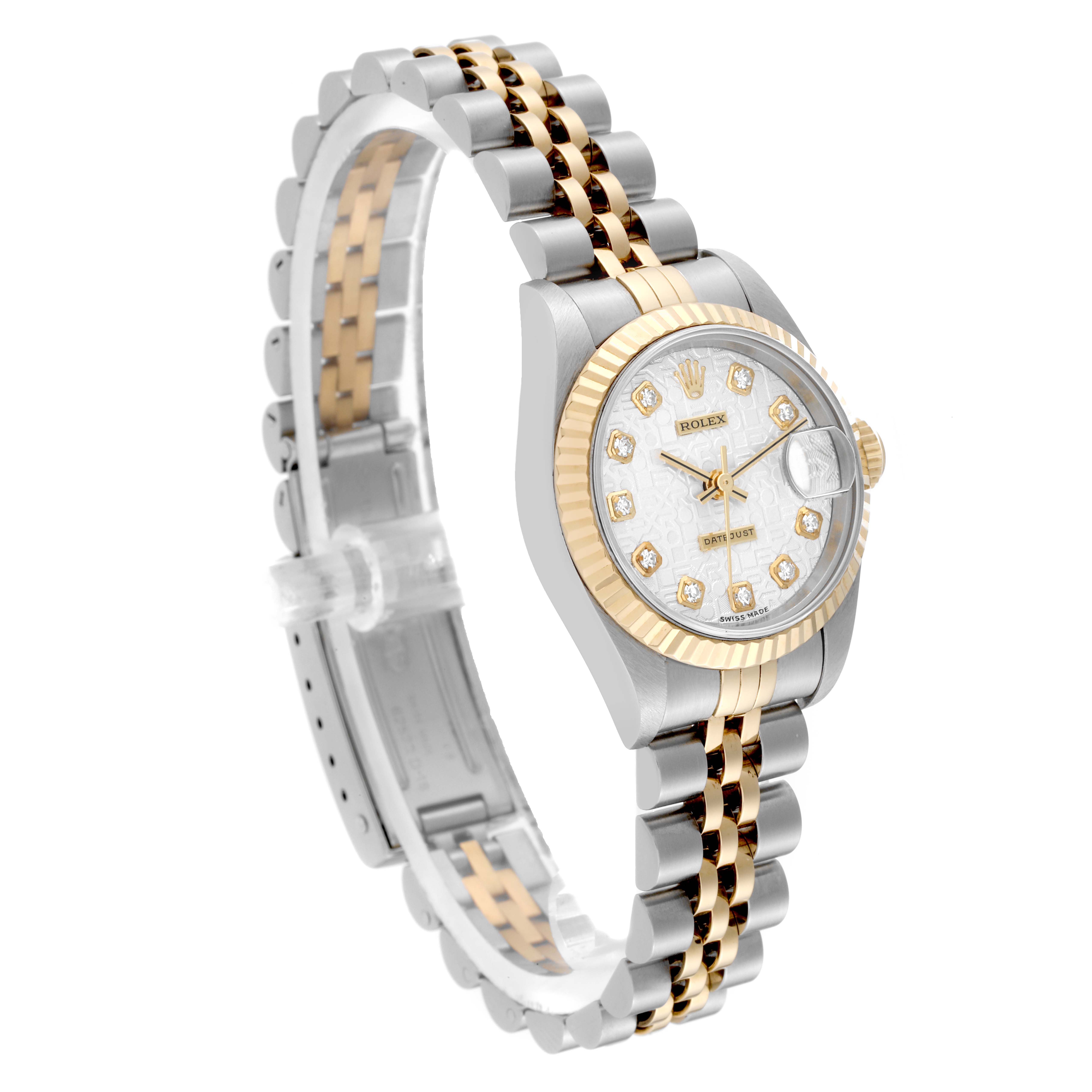 The image shows a Rolex Datejust 69173 Women's Steel and Gold (two tone) Silver Dial 69173 Women's Steel and Gold (two tone) Silver Dial watch at a three-quarter angle, highlighting its two-tone bracelet, fluted bezel, and diamond markers.
