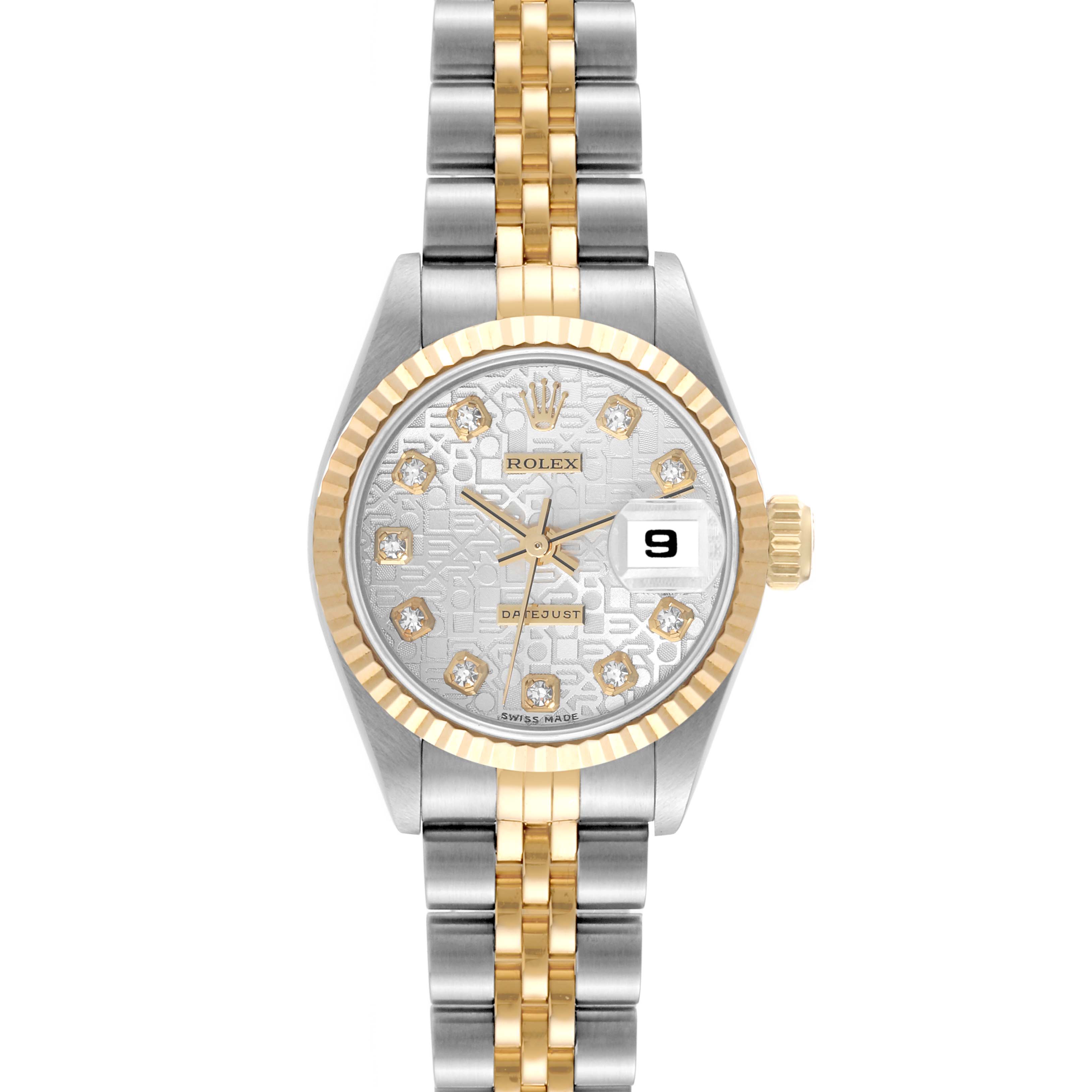 The image shows a frontal view of the Rolex Datejust 69173 Women's Steel and Gold (two tone) Silver Dial 69173 Women's Steel and Gold (two tone) Silver Dial watch, highlighting the face, bezel, and two-tone bracelet.