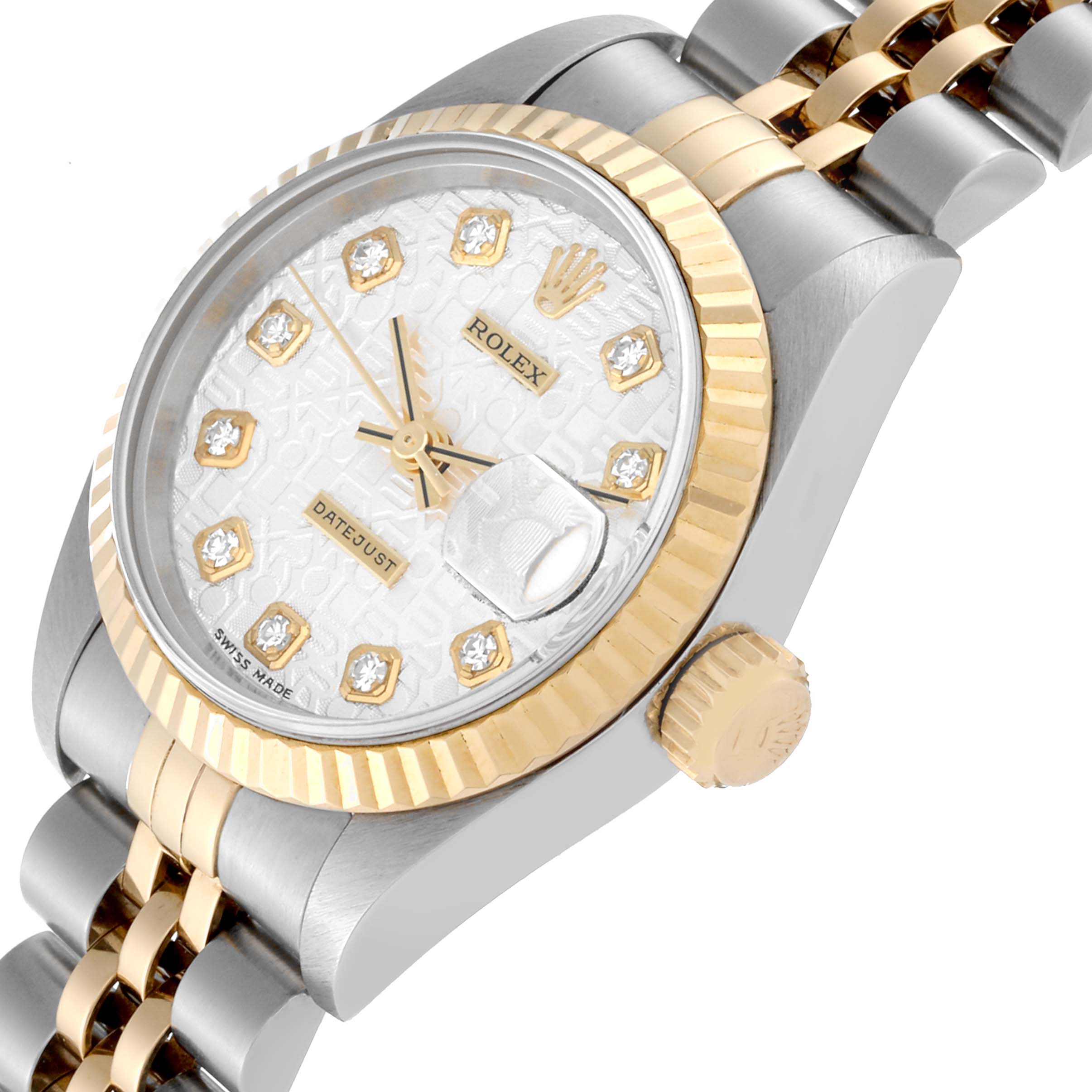 This image shows the Rolex Datejust 69173 Women's Steel and Gold (two tone) Silver Dial 69173 Women's Steel and Gold (two tone) Silver Dial watch at a slight angle, highlighting the dial, bezel, and crown, with part of the bracelet visible.