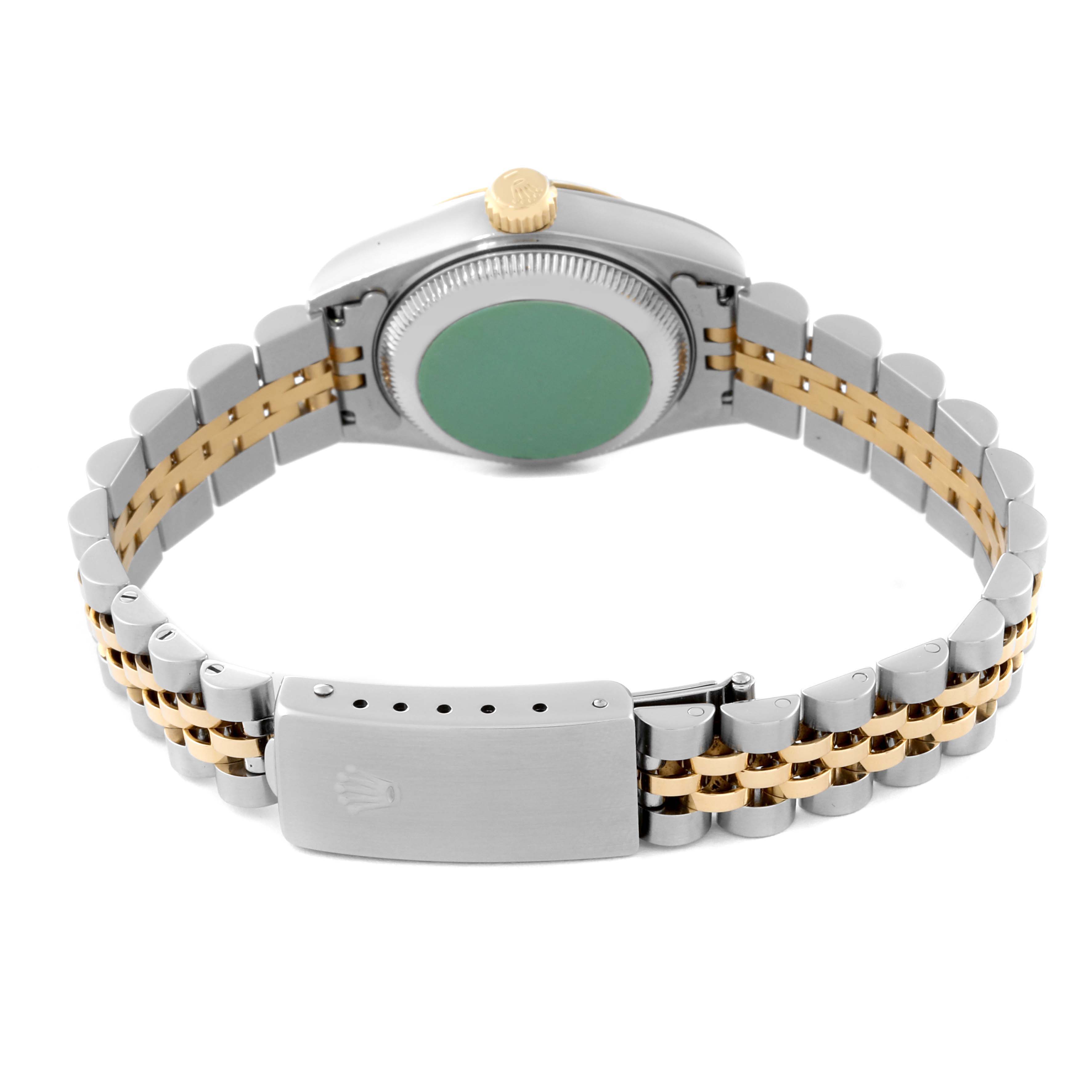 This image shows the back view of a Rolex Datejust 69173 Women's Steel and Gold (two tone) Silver Dial 69173 Women's Steel and Gold (two tone) Silver Dial watch, featuring its case back and two-tone bracelet.