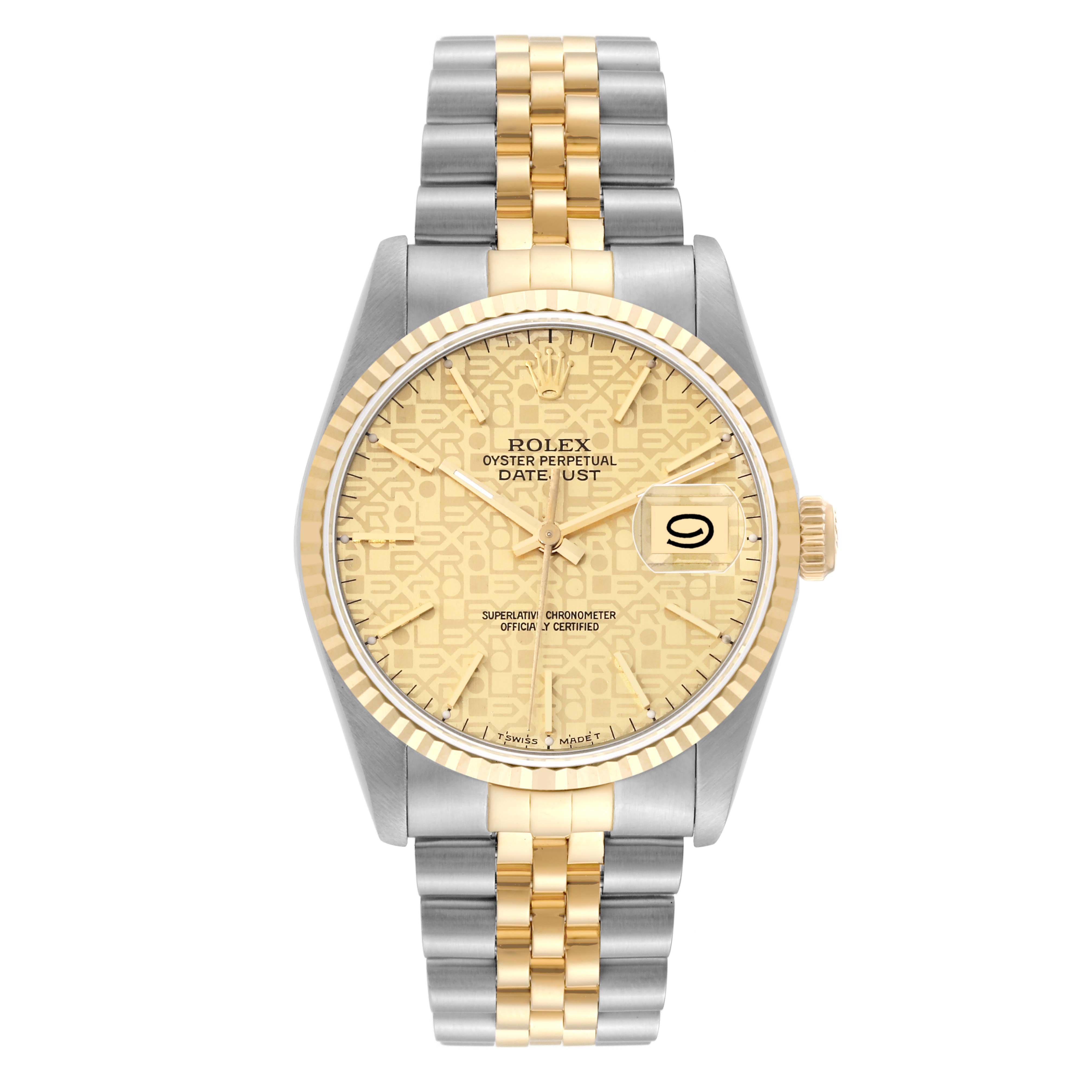 The Rolex Datejust 16233 Men
s Steel and Gold (two tone) Champagne Dial 16233 Men
s Steel and Gold (two tone) Champagne Dial watch is shown from a front angle, highlighting its dial, case, bezel, and jubilee bracelet.