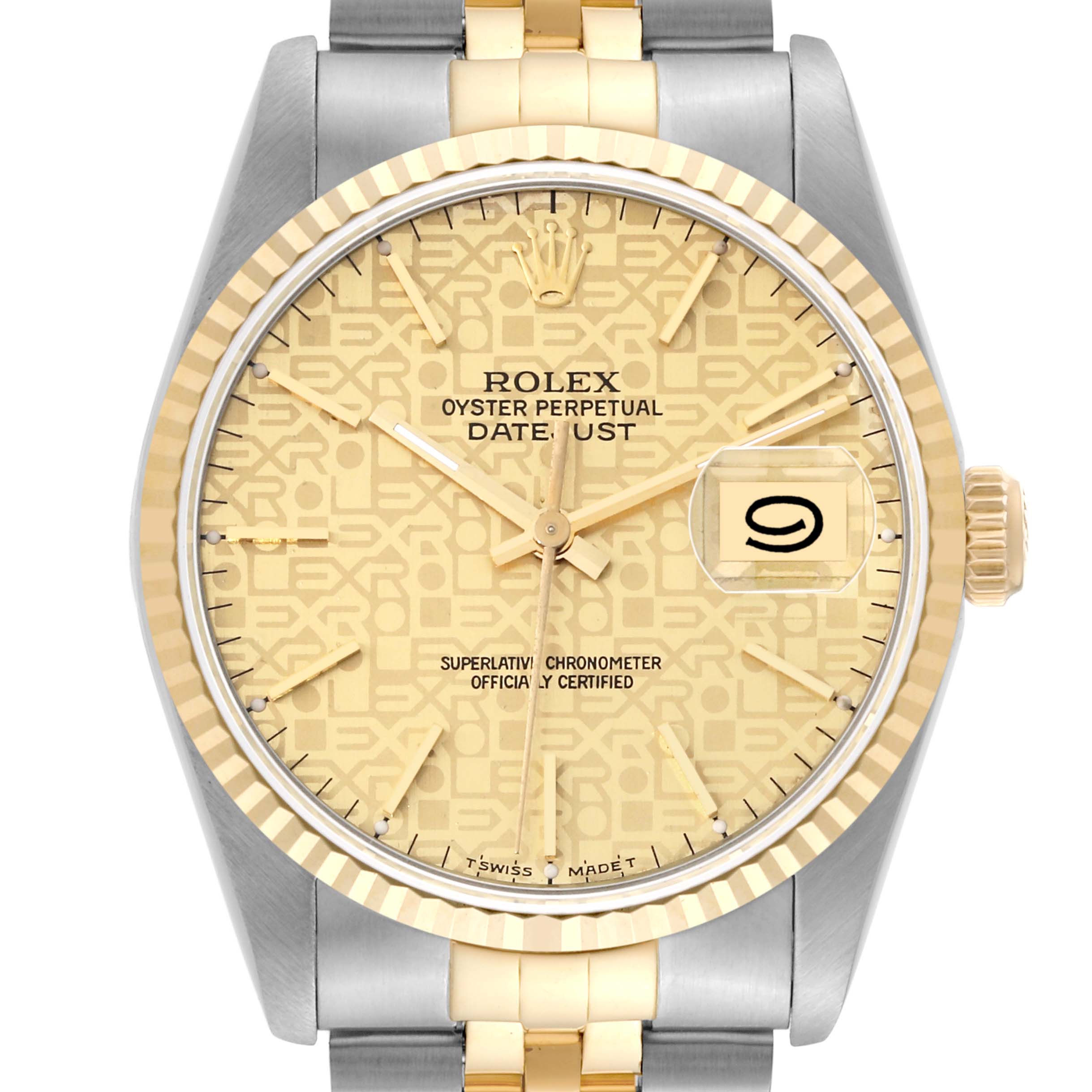 The image shows a front angle of the Rolex Datejust 16233 Men
s Steel and Gold (two tone) Champagne Dial 16233 Men
s Steel and Gold (two tone) Champagne Dial watch, highlighting its dial, hands, date window, and part of the bracelet.