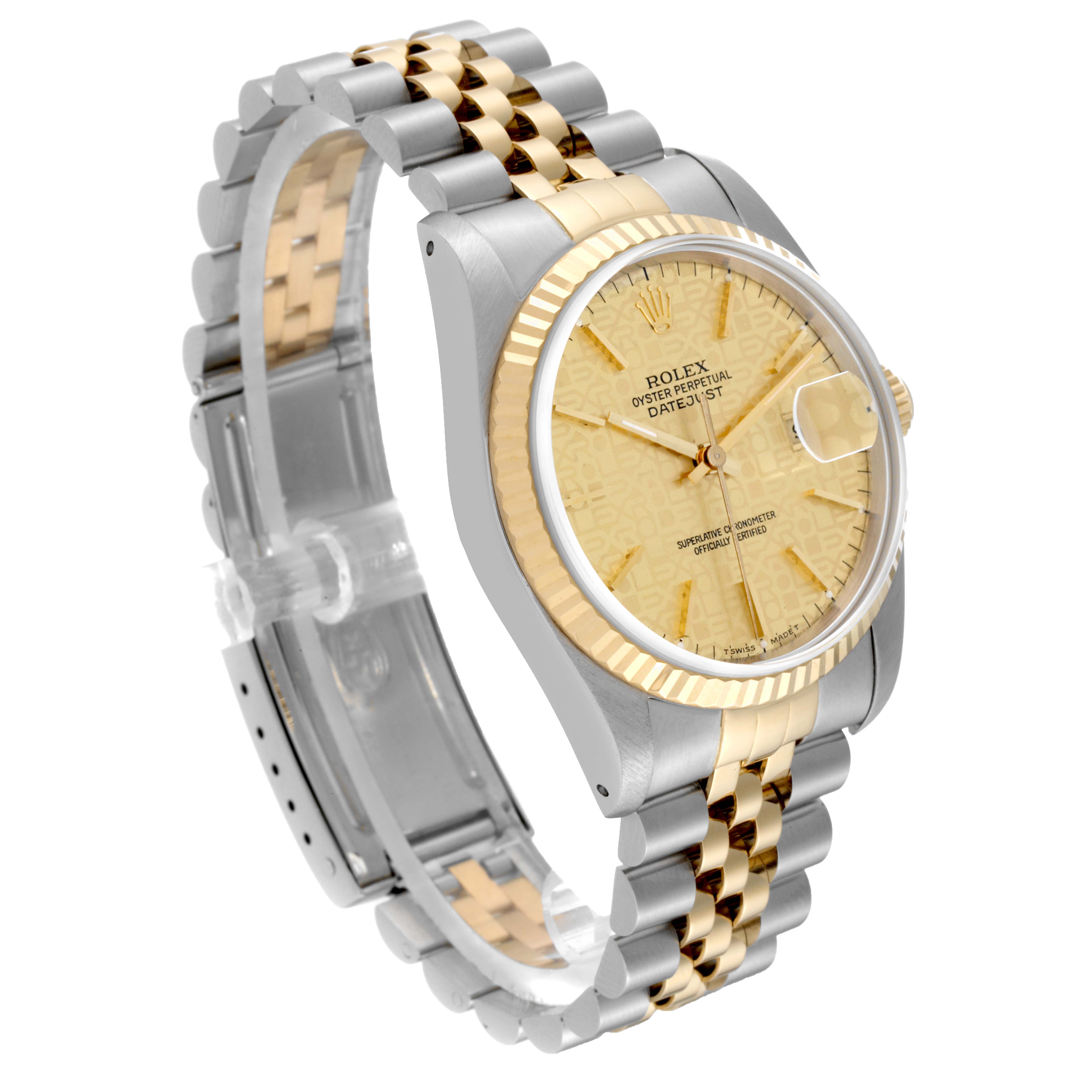 The Rolex Datejust 16233 Men
s Steel and Gold (two tone) Champagne Dial 16233 Men
s Steel and Gold (two tone) Champagne Dial watch is shown at an angle, displaying the face, bezel, and two-tone bracelet.