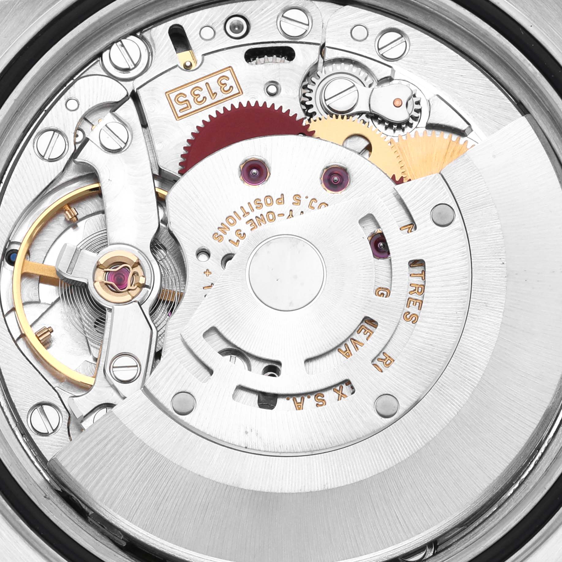 This image shows a close-up view of the movement inside a Rolex Datejust 16233 Men
s Steel and Gold (two tone) Champagne Dial 16233 Men
s Steel and Gold (two tone) Champagne Dial watch.