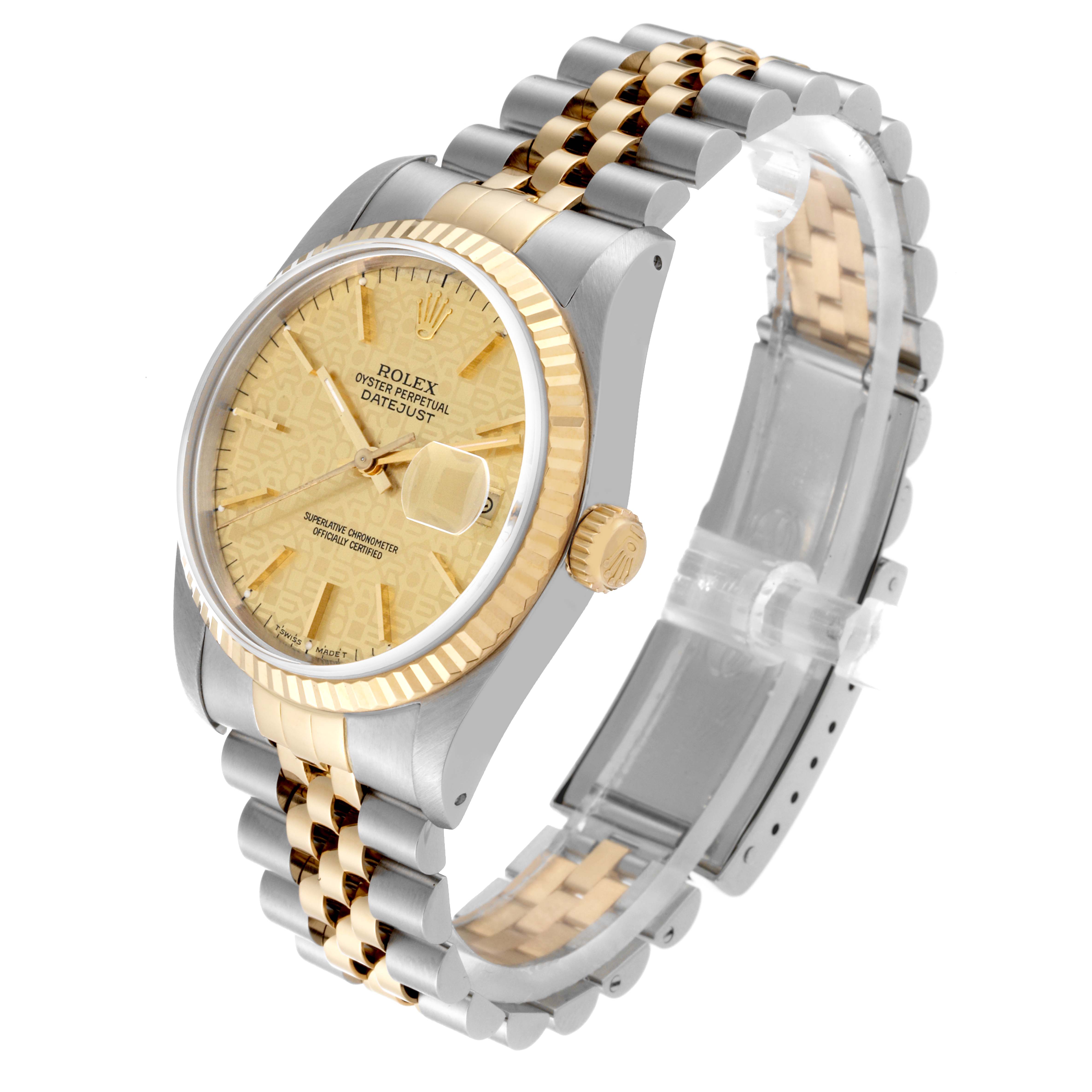 This image shows a Rolex Datejust 16233 Men
s Steel and Gold (two tone) Champagne Dial 16233 Men
s Steel and Gold (two tone) Champagne Dial watch at a three-quarter angle, highlighting the dial, bezel, crown, and bracelet.