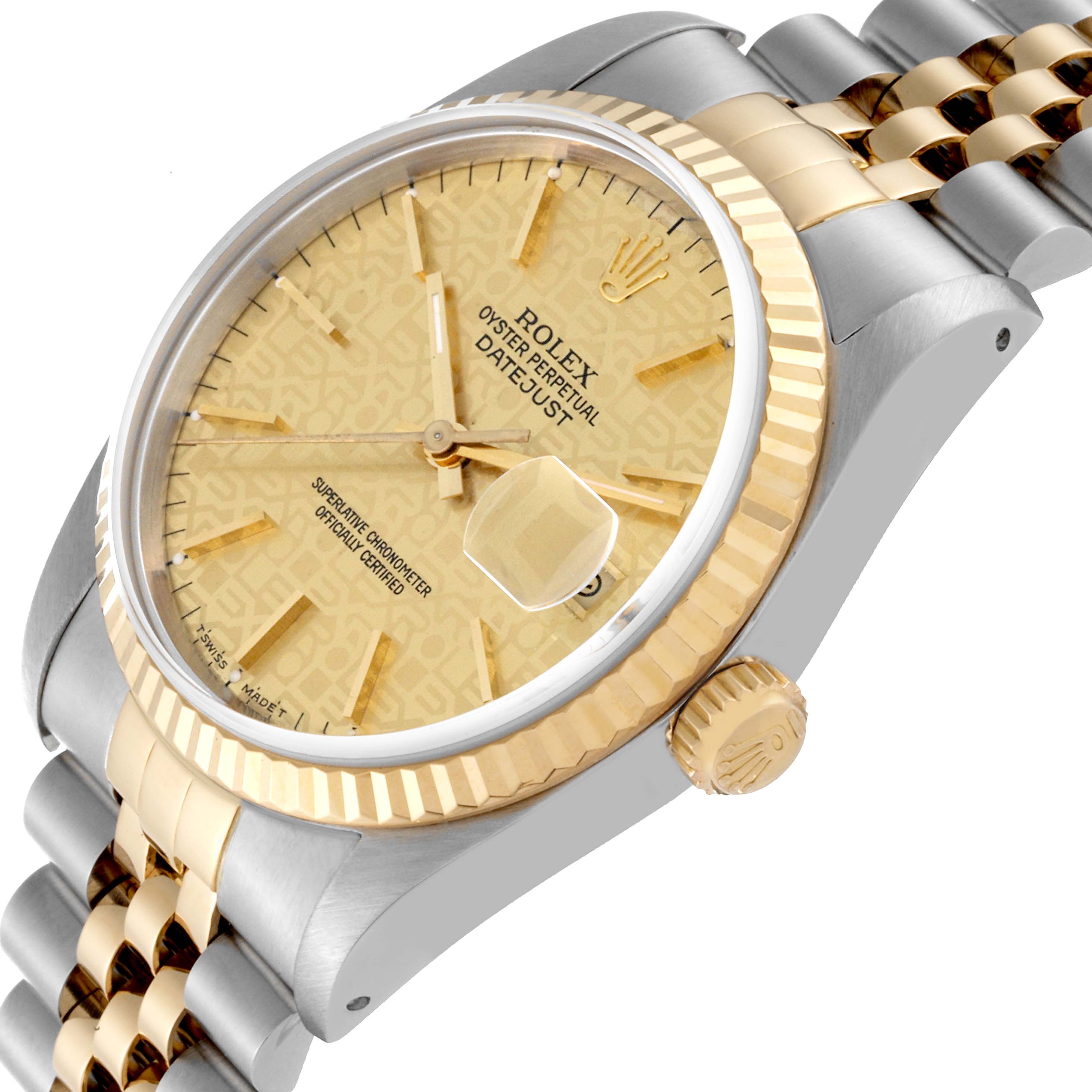 The image shows a close-up angled side view of the Rolex Datejust 16233 Men
s Steel and Gold (two tone) Champagne Dial 16233 Men
s Steel and Gold (two tone) Champagne Dial watch highlighting the bezel, dial, crown, and part of the bracelet.