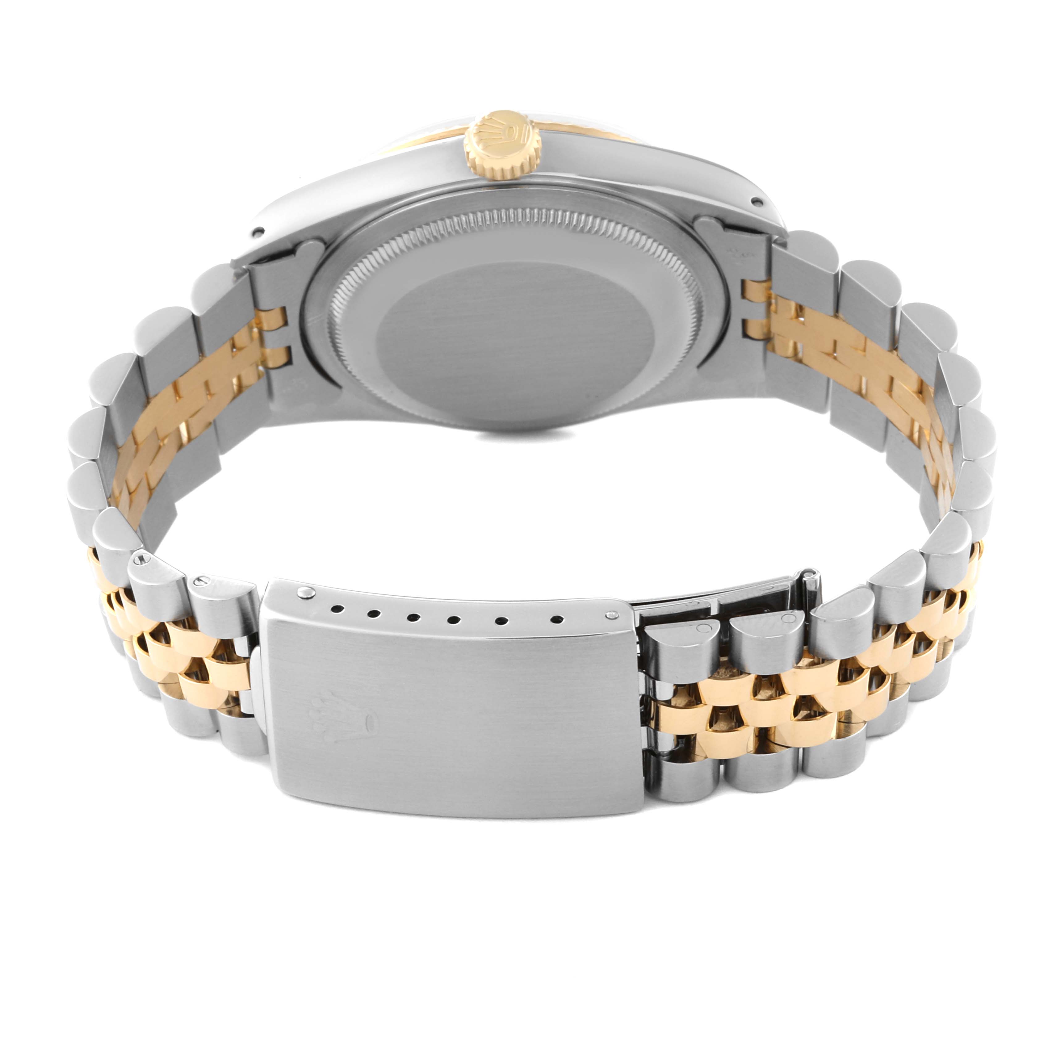 This image shows the back of a Rolex Datejust 16233 Men
s Steel and Gold (two tone) Champagne Dial 16233 Men
s Steel and Gold (two tone) Champagne Dial watch, focusing on the case back and two-tone bracelet with the clasp.