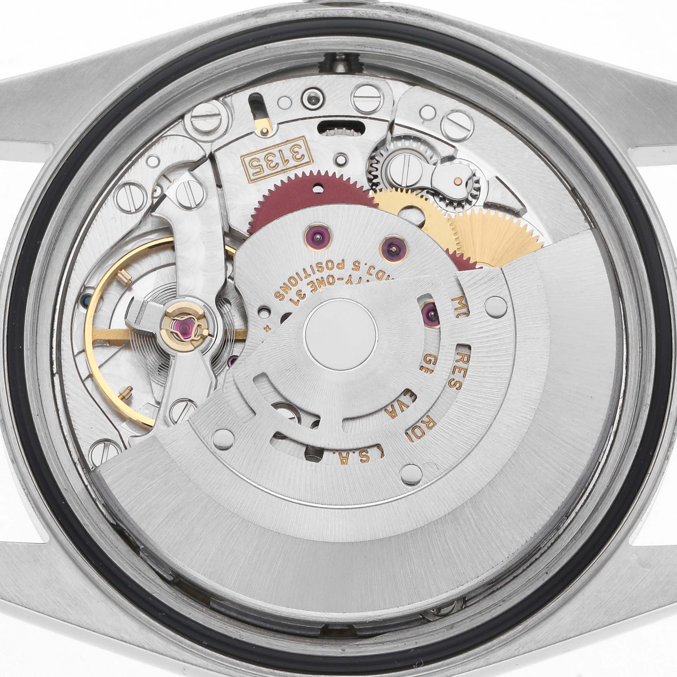 This image shows the movement mechanism of a Rolex Datejust 16203 Men
s Steel and Gold (two tone) Champagne Dial 16203 Men
s Steel and Gold (two tone) Champagne Dial from a top-down angle, highlighting gears and components.