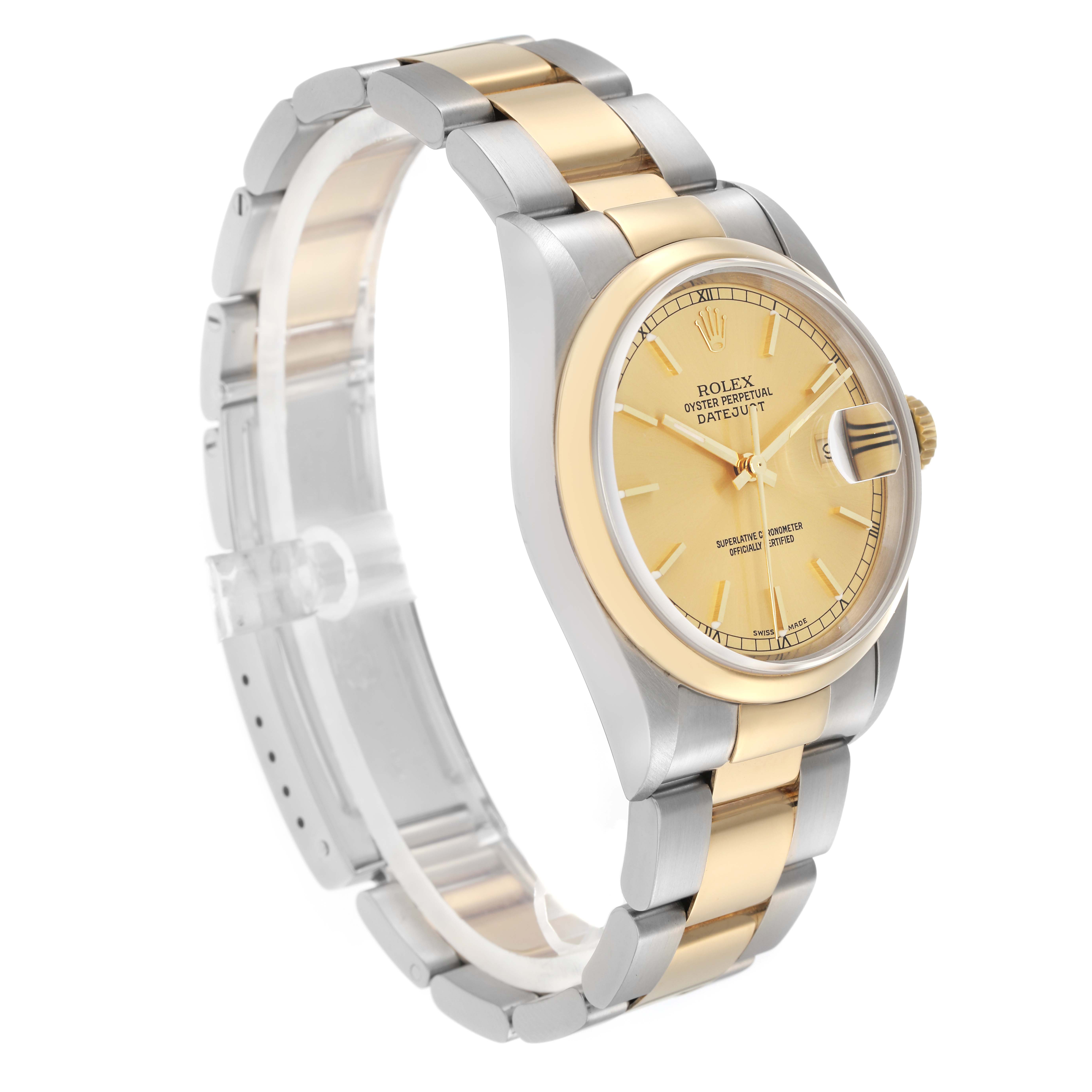 The Rolex Datejust 16203 Men
s Steel and Gold (two tone) Champagne Dial 16203 Men
s Steel and Gold (two tone) Champagne Dial watch is shown in a three-quarter angle displaying the face and bracelet, highlighting its gold and silver tones.