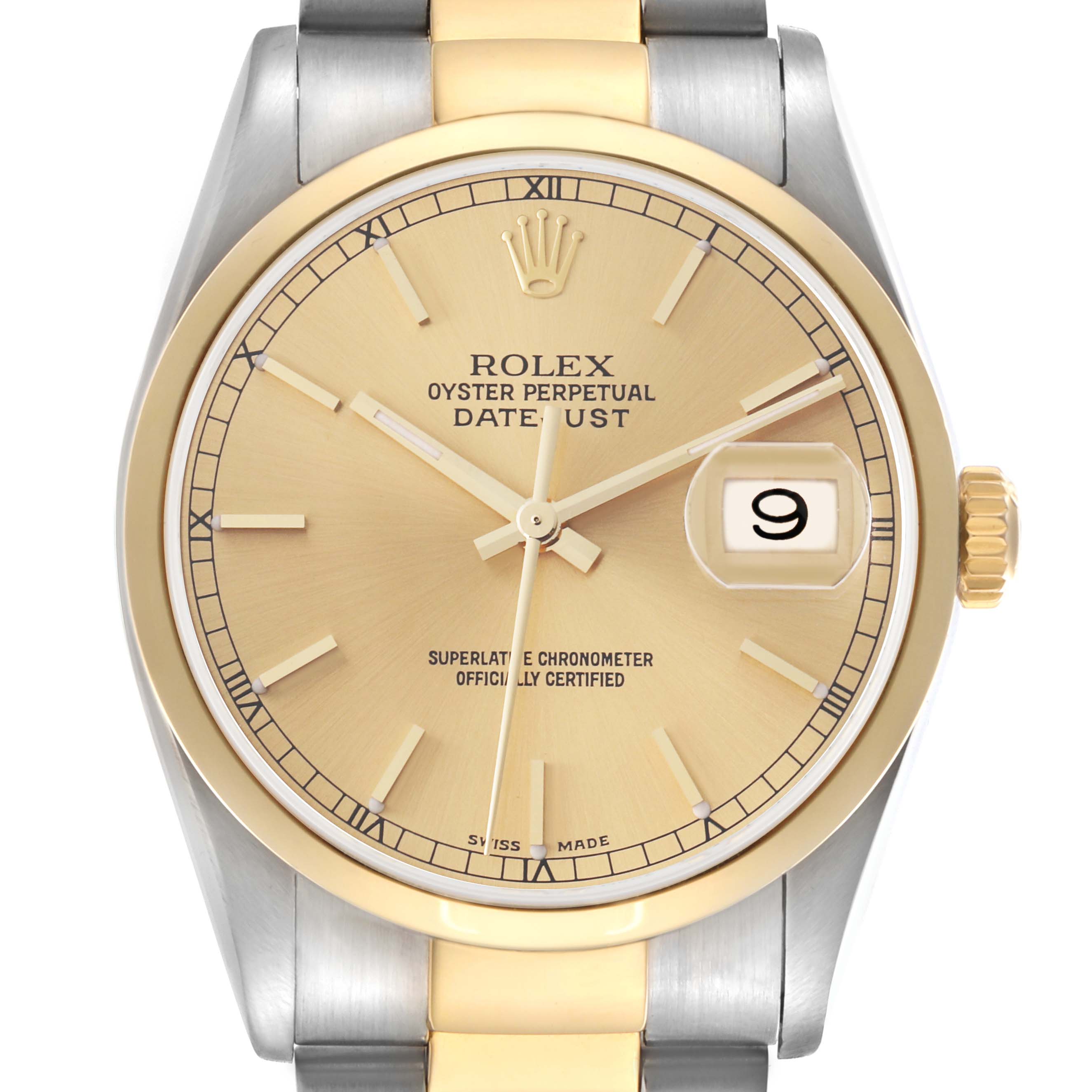 The Rolex Datejust 16203 Men
s Steel and Gold (two tone) Champagne Dial 16203 Men
s Steel and Gold (two tone) Champagne Dial watch is shown from a front angle, highlighting the dial, bezel, crown, and part of the bracelet.