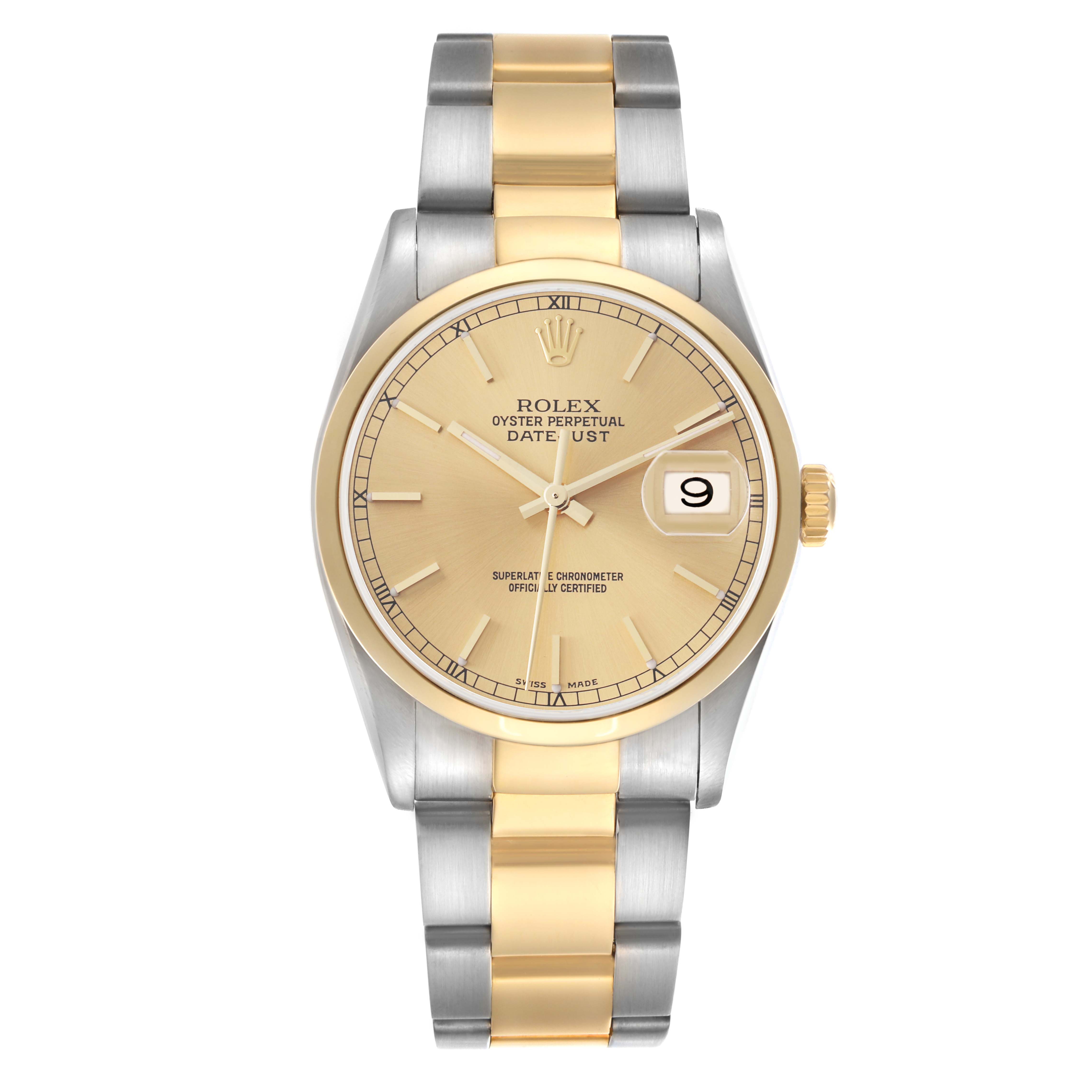 The Rolex Datejust 16203 Men
s Steel and Gold (two tone) Champagne Dial 16203 Men
s Steel and Gold (two tone) Champagne Dial watch is shown from a top-down angle, highlighting the face, bezel, and bracelet.