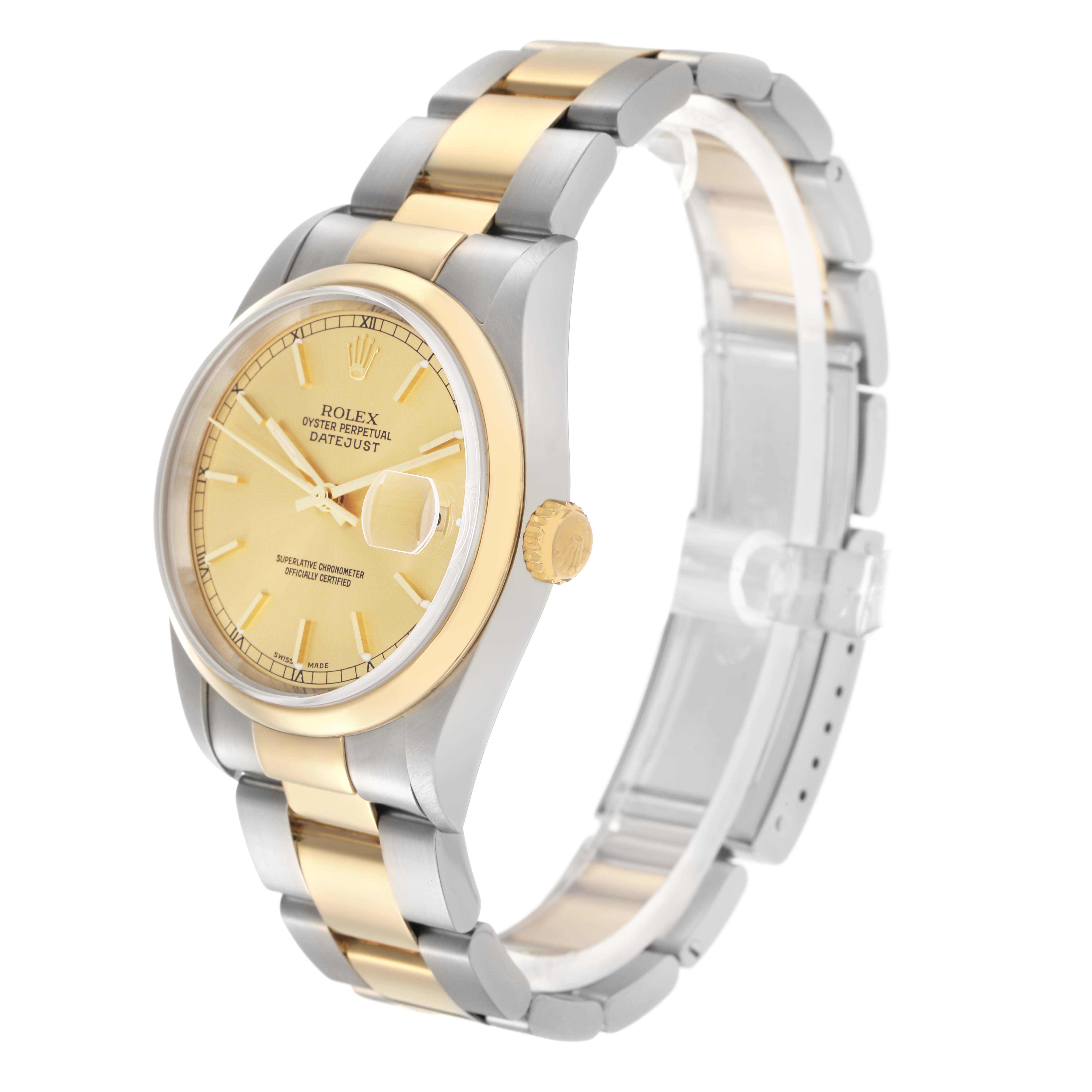 The Rolex Datejust 16203 Men
s Steel and Gold (two tone) Champagne Dial 16203 Men
s Steel and Gold (two tone) Champagne Dial watch is shown at a three-quarter angle, highlighting the gold dial, bezel, and bicolor bracelet.
