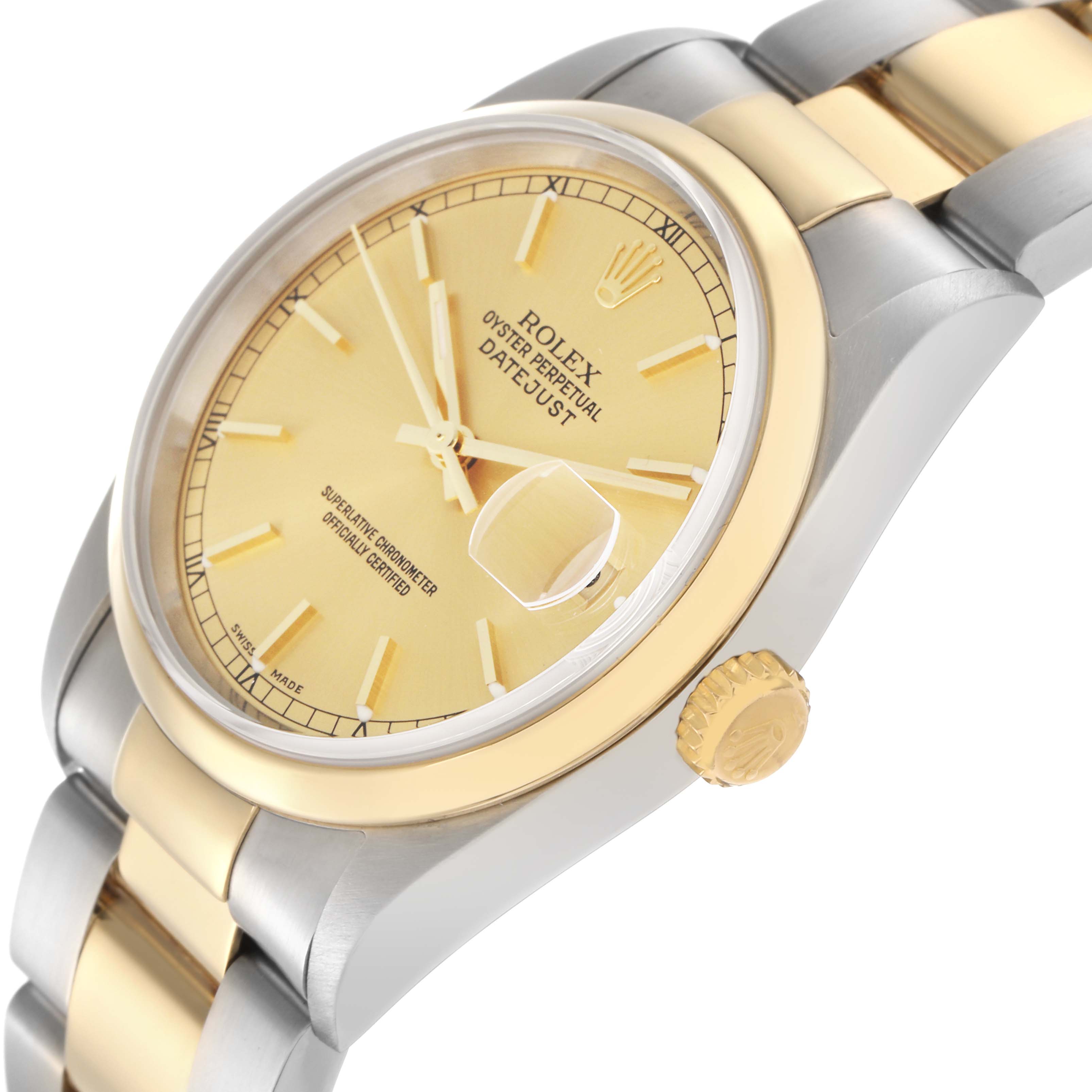 The Rolex Datejust 16203 Men
s Steel and Gold (two tone) Champagne Dial 16203 Men
s Steel and Gold (two tone) Champagne Dial watch is shown at an angled side view, highlighting the case, crown, dial, and a portion of the bracelet.