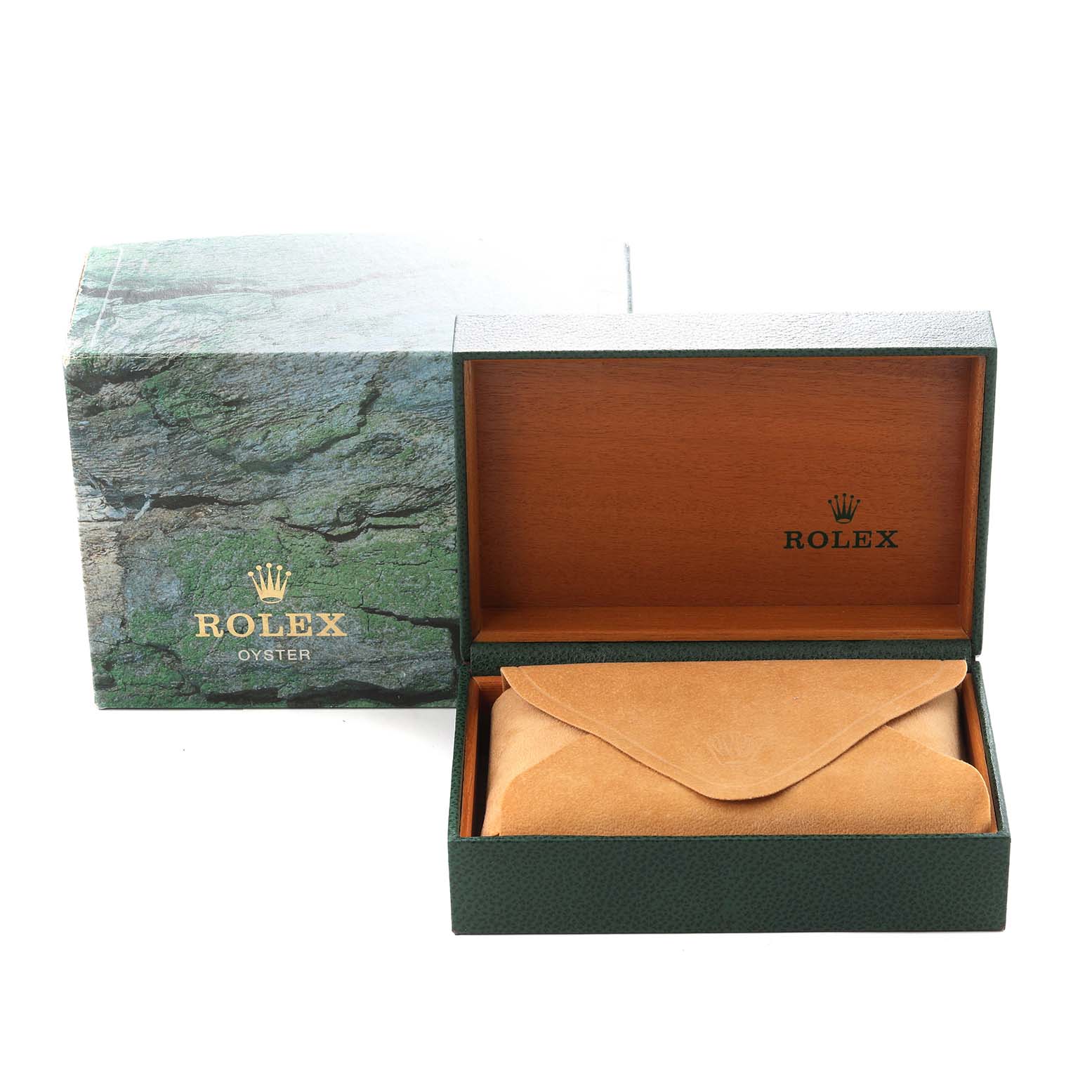 The image shows a Rolex Datejust 16203 Men
s Steel and Gold (two tone) Champagne Dial 16203 Men
s Steel and Gold (two tone) Champagne Dial box with an open green and wooden inner case and a brown leather pouch inside.