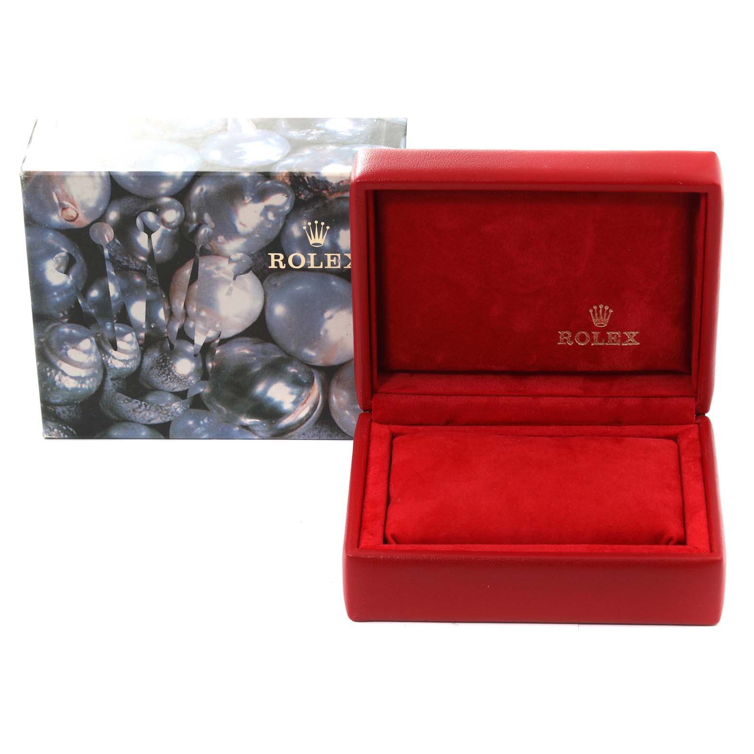 This image shows a Rolex Datejust 69173G Women's Steel and Gold (two tone) Champagne Dial 69173G Women's Steel and Gold (two tone) Champagne Dial's red watch box and an outer packaging with a pearl-like design.