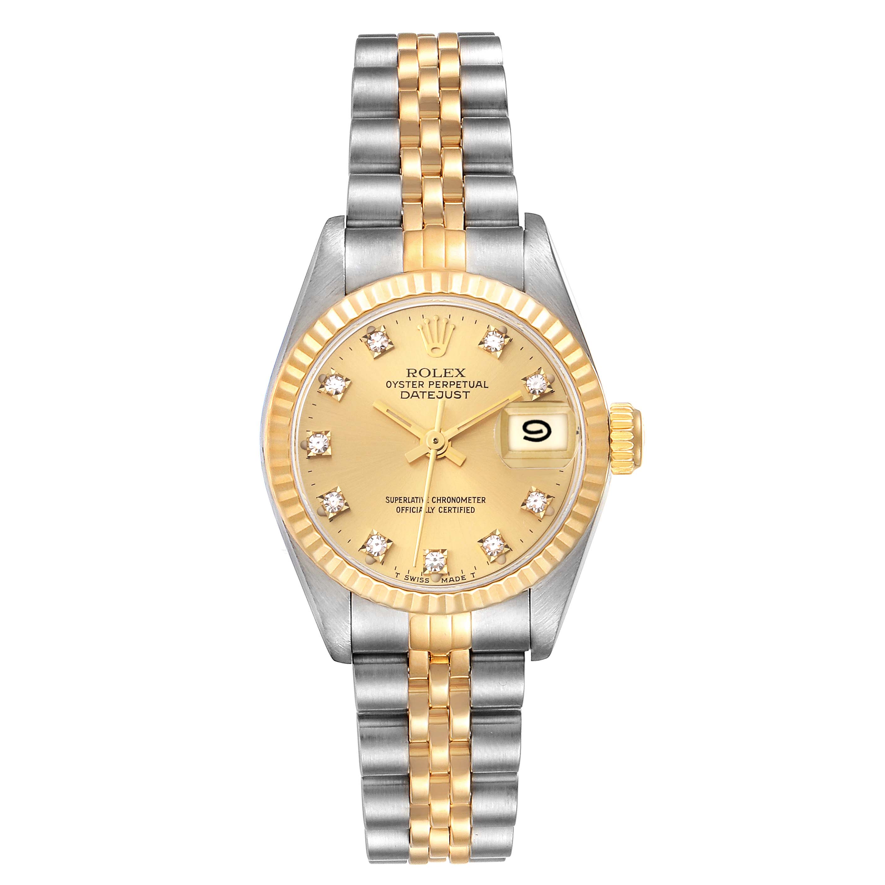 This image shows a Rolex Datejust 69173G Women's Steel and Gold (two tone) Champagne Dial 69173G Women's Steel and Gold (two tone) Champagne Dial watch, featuring a gold and silver bracelet, gold dial, and fluted bezel, viewed from a top-down angle.