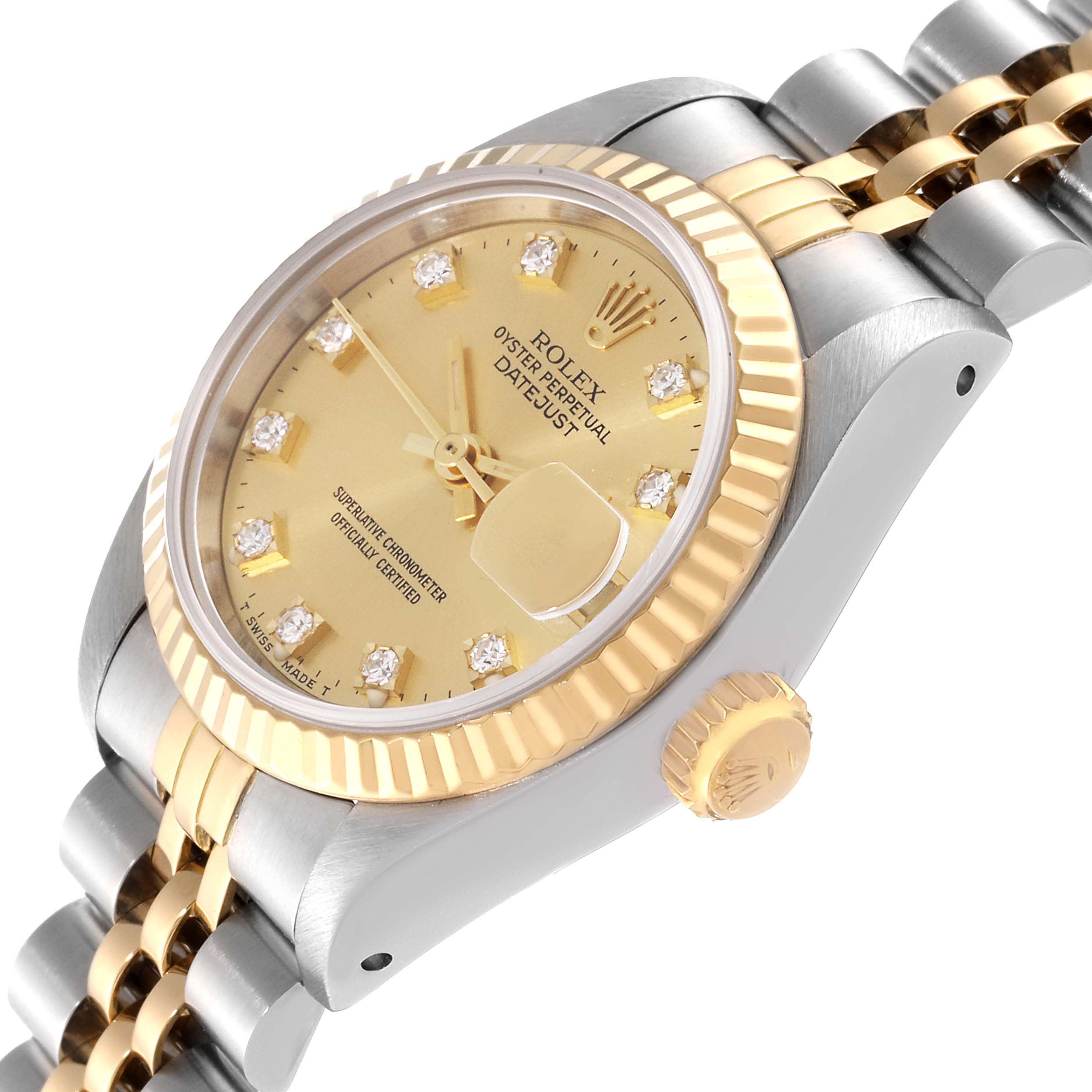The image shows a Rolex Datejust 69173G Women's Steel and Gold (two tone) Champagne Dial 69173G Women's Steel and Gold (two tone) Champagne Dial watch from a diagonal angle, highlighting its dial, bezel, crown, and part of the bracelet.