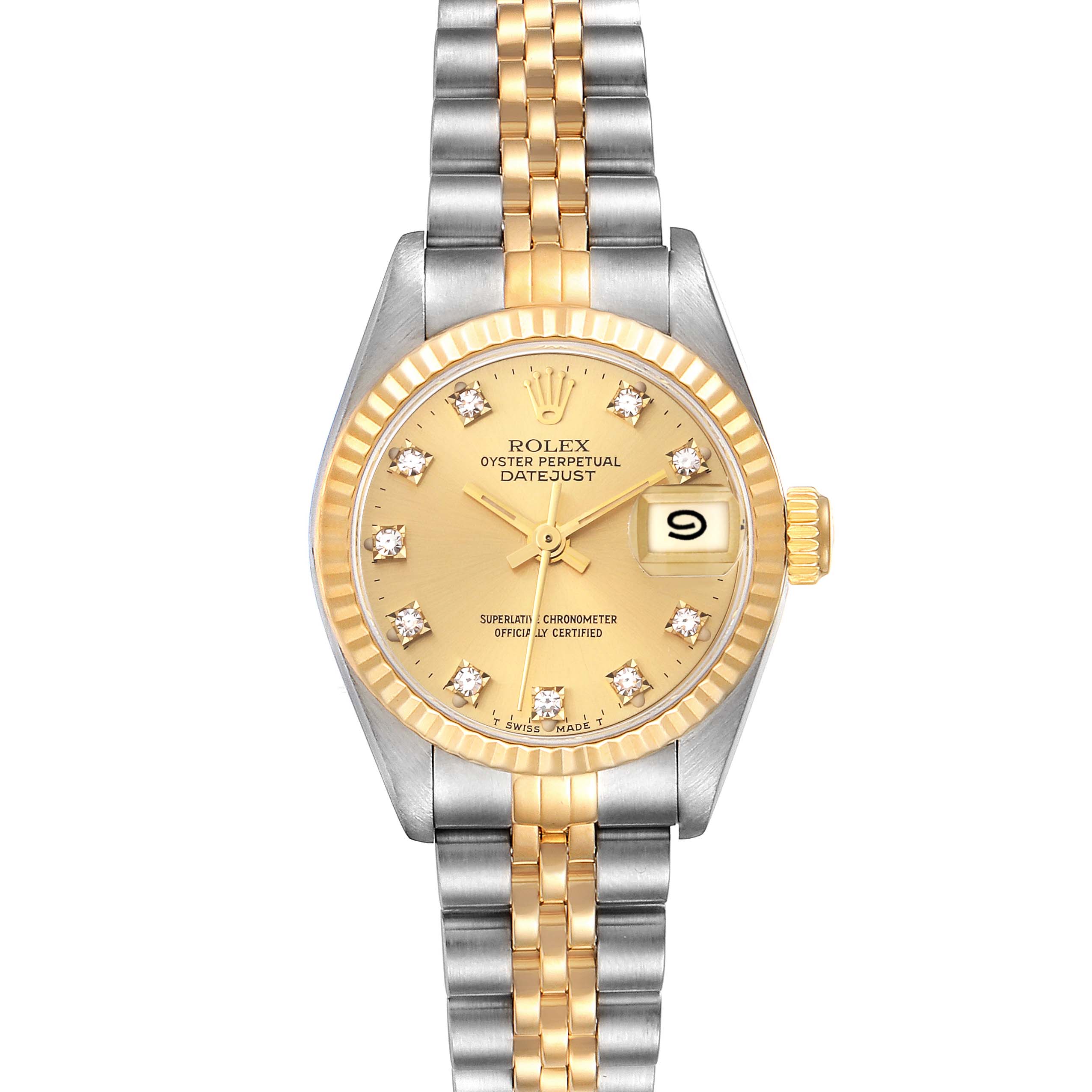 This is a Rolex Datejust 69173G Women's Steel and Gold (two tone) Champagne Dial 69173G Women's Steel and Gold (two tone) Champagne Dial watch showing its gold dial, diamond markers, fluted bezel, and two-tone Jubilee bracelet from a front angle.