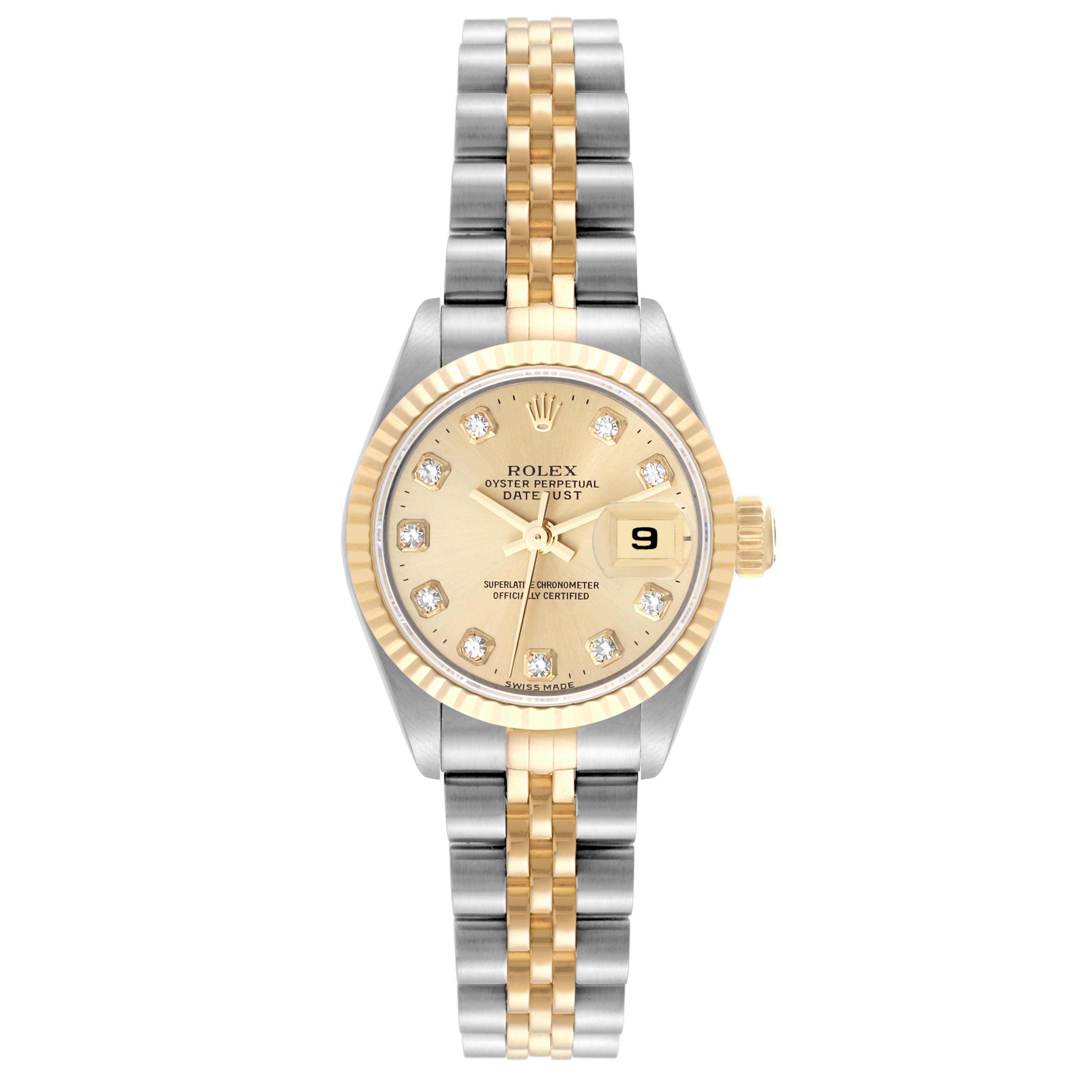 This is a frontal view of a Rolex Datejust 69173 Women's Steel and Gold (two tone) Champagne Dial 69173 Women's Steel and Gold (two tone) Champagne Dial watch, showing the dial, hands, date window, bezel, and bracelet.