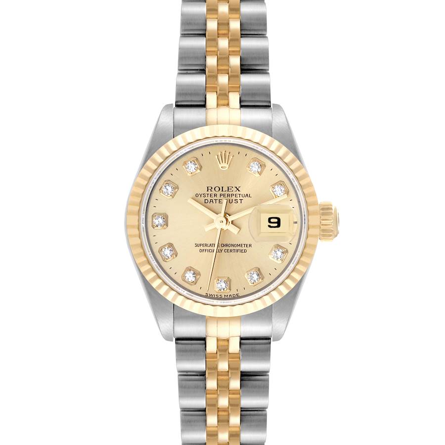 The image shows a front view of a Rolex Datejust watch with a jubilee bracelet and a diamond bezel.