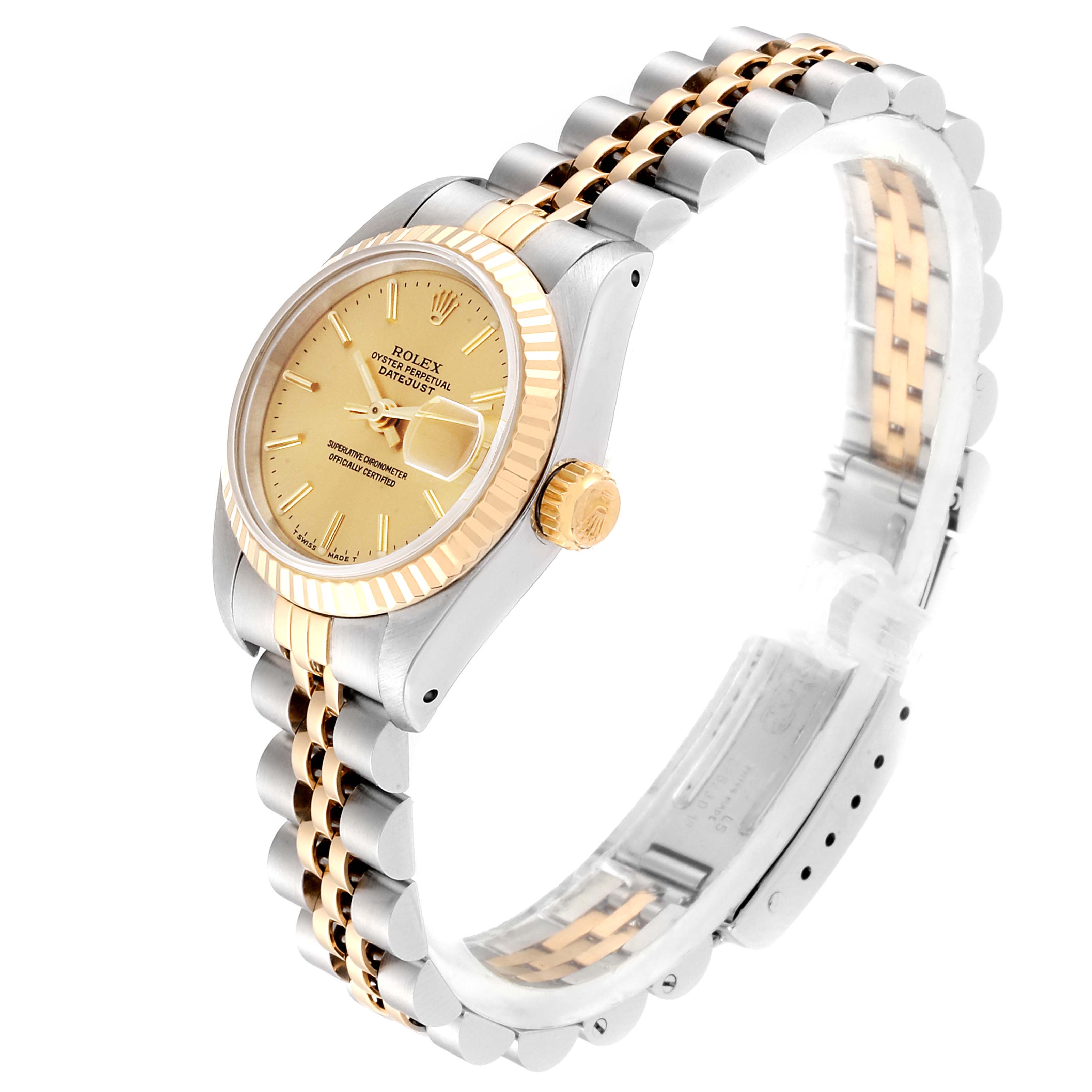 The Rolex Datejust 69173 Women
s Steel and Gold (two tone) Champagne Dial 69173 Women
s Steel and Gold (two tone) Champagne Dial watch is shown at an oblique angle, displaying the watch face, bezel, crown, and bracelet.