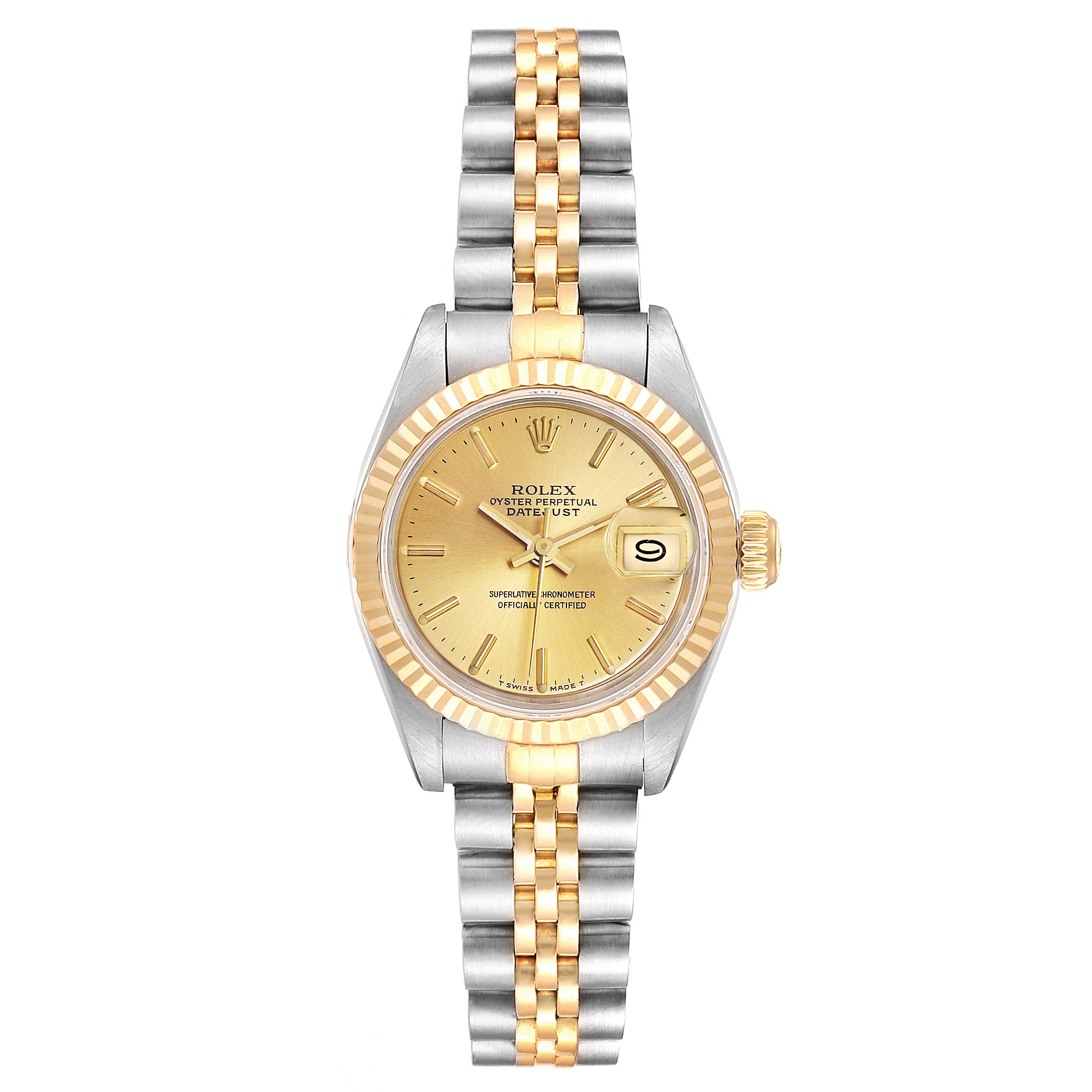 The image shows a front view of a Rolex Datejust 69173 Women
s Steel and Gold (two tone) Champagne Dial 69173 Women
s Steel and Gold (two tone) Champagne Dial watch, featuring a gold and silver two-tone design with a champagne dial.
