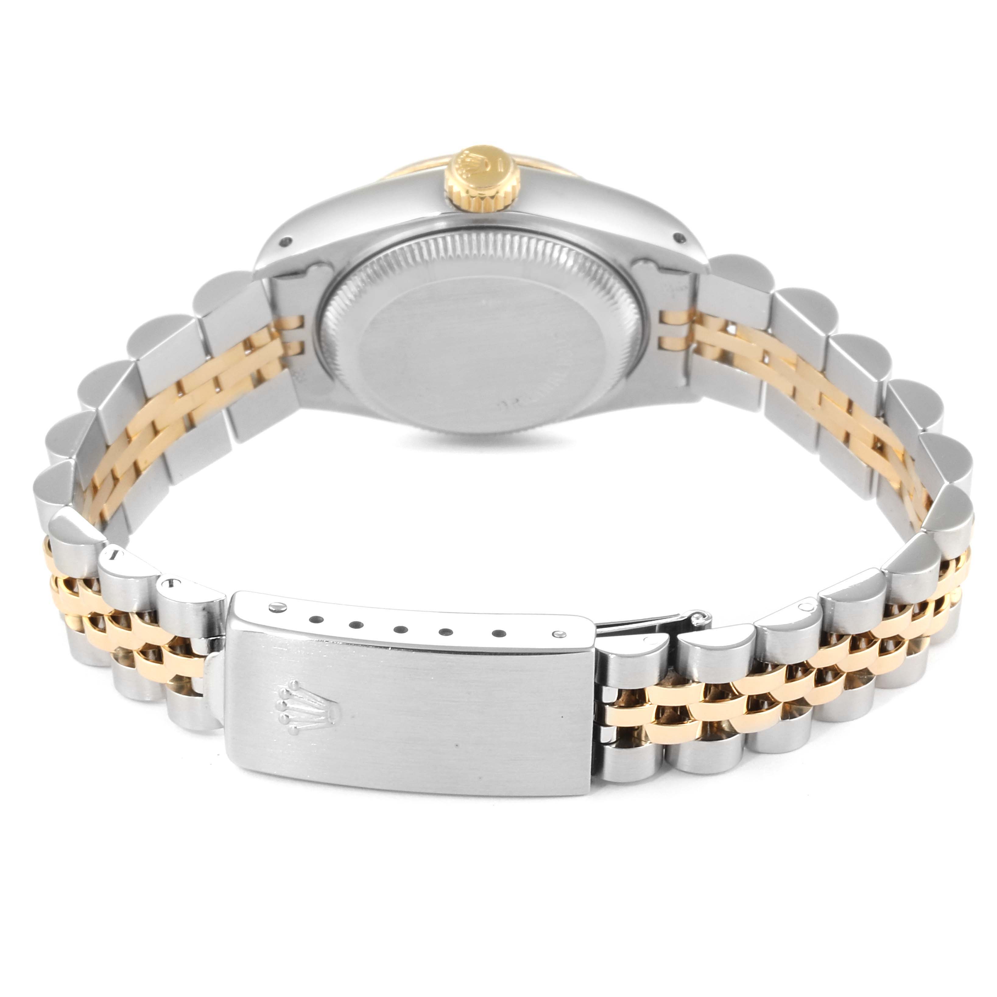 The image shows the back case, crown, and bracelet clasp of a Rolex Datejust 69173 Women
s Steel and Gold (two tone) Champagne Dial 69173 Women
s Steel and Gold (two tone) Champagne Dial watch from a rear angle.