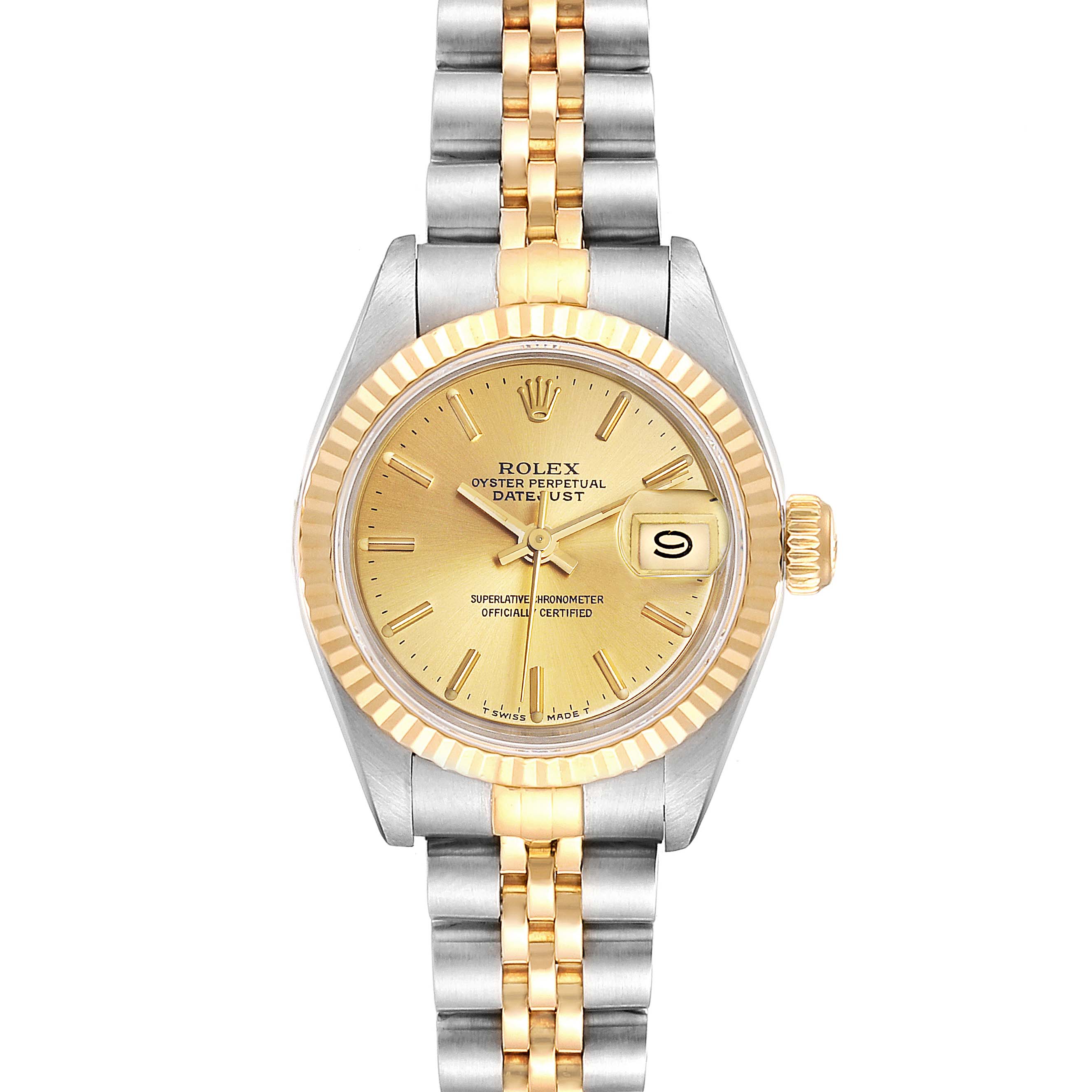The Rolex Datejust 69173 Women
s Steel and Gold (two tone) Champagne Dial 69173 Women
s Steel and Gold (two tone) Champagne Dial watch is shown from a front angle, displaying its gold dial, fluted bezel, and two-tone bracelet.