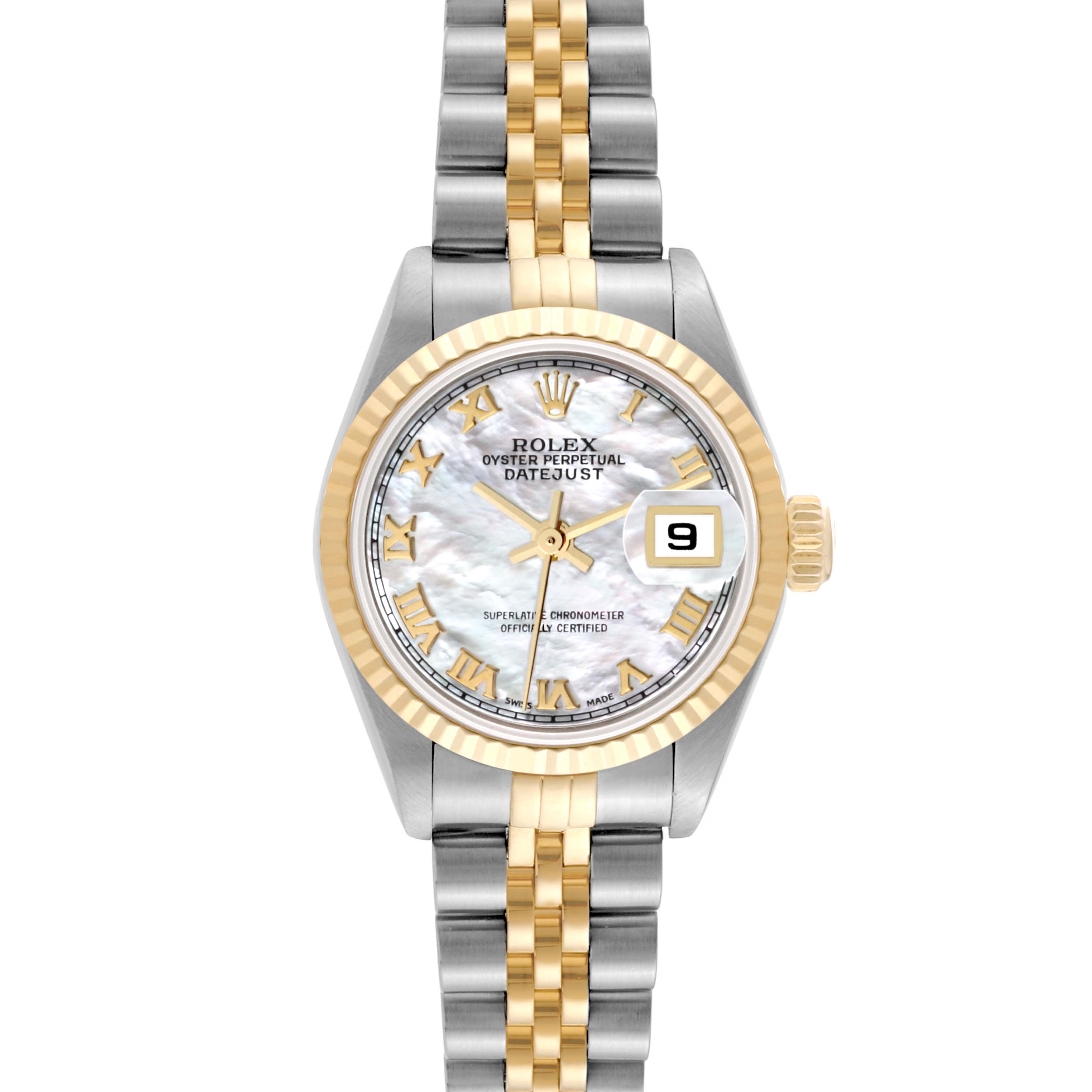 The image shows a frontal view of a Rolex Datejust 79173 Women
s Steel and Gold (two tone) Mother of Pearl Dial 79173 Women
s Steel and Gold (two tone) Mother of Pearl Dial watch, featuring a two-tone bracelet and a date display at 3 o
clock.