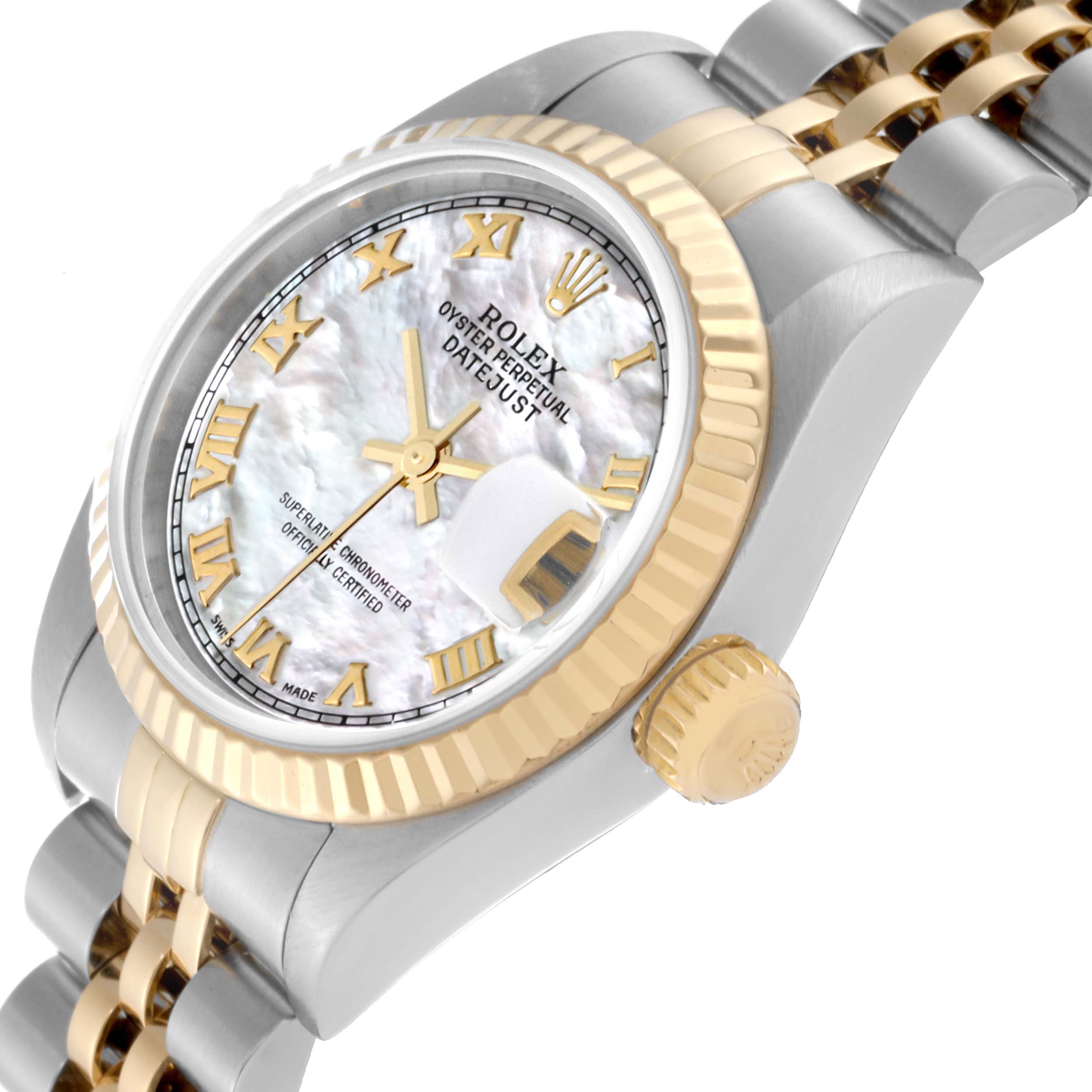 The image shows a close-up angled view of a Rolex Datejust 79173 Women
s Steel and Gold (two tone) Mother of Pearl Dial 79173 Women
s Steel and Gold (two tone) Mother of Pearl Dial watch, displaying the face, bezel, crown, and part of the bracelet.