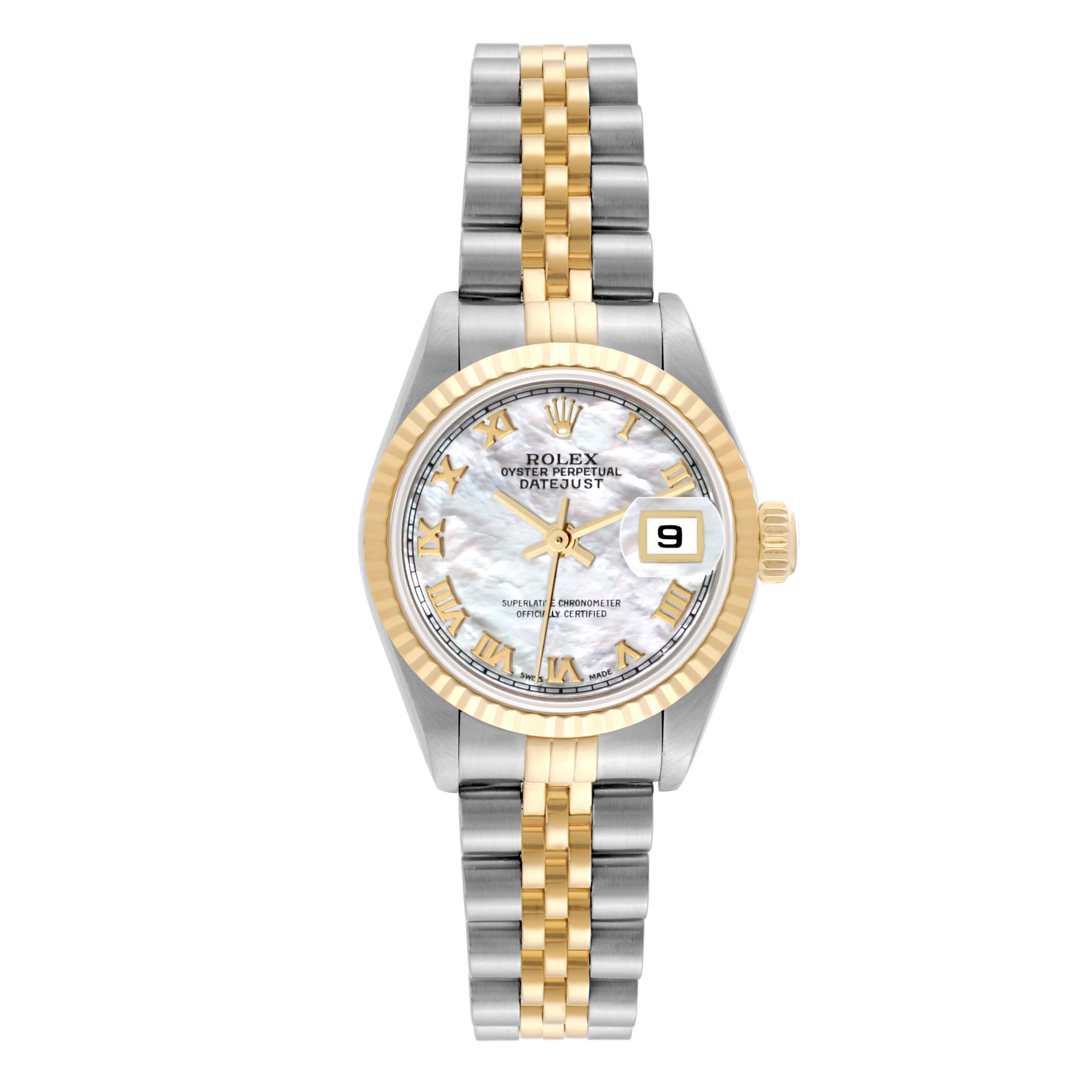 This image shows a Rolex Datejust 79173 Women
s Steel and Gold (two tone) Mother of Pearl Dial 79173 Women
s Steel and Gold (two tone) Mother of Pearl Dial watch from a top-down angle, displaying its face, bezel, and two-tone bracelet.
