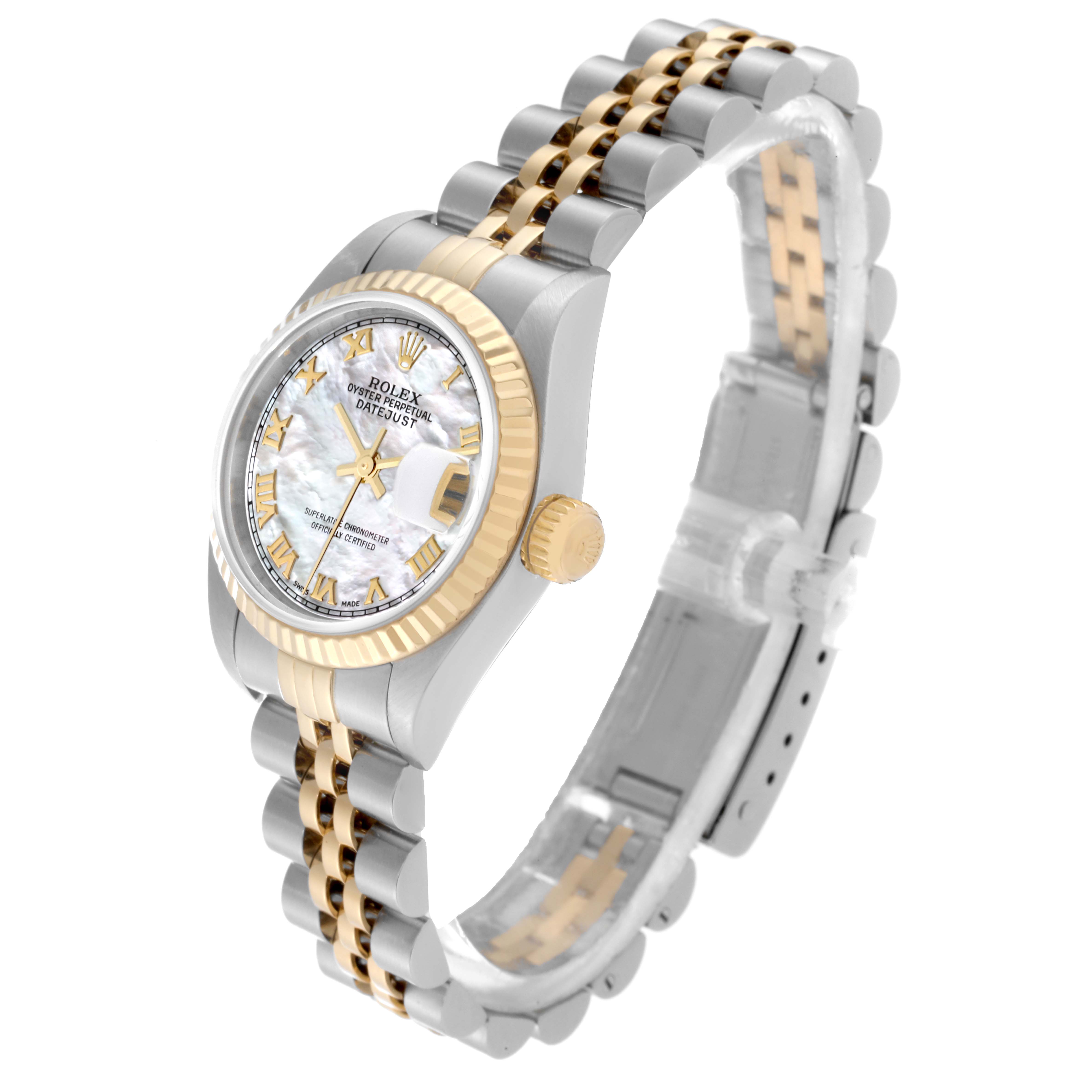 This Rolex Datejust 79173 Women
s Steel and Gold (two tone) Mother of Pearl Dial 79173 Women
s Steel and Gold (two tone) Mother of Pearl Dial watch is shown at a slight diagonal angle, featuring the face, bezel, and two-tone bracelet.