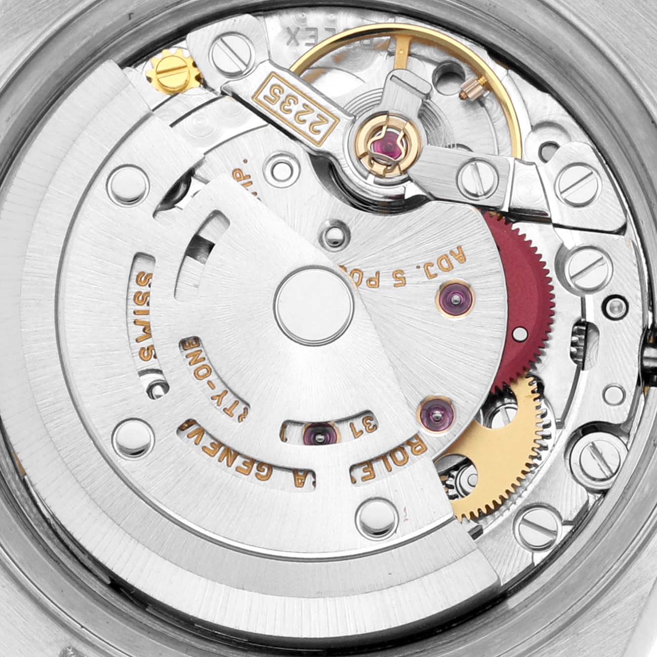 This image shows the movement mechanism of a Rolex Datejust 79173 Women
s Steel and Gold (two tone) Mother of Pearl Dial 79173 Women
s Steel and Gold (two tone) Mother of Pearl Dial model watch, viewed from the back.