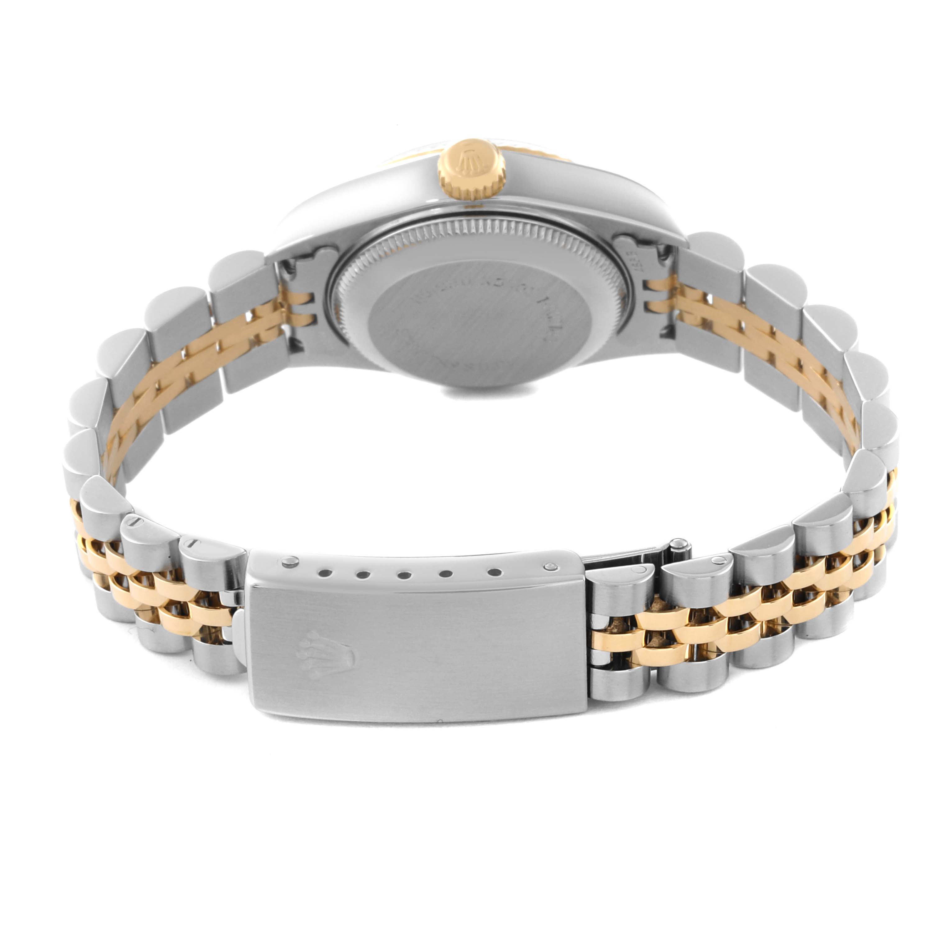 The image shows the back view of the Rolex Datejust 79173 Women
s Steel and Gold (two tone) Mother of Pearl Dial 79173 Women
s Steel and Gold (two tone) Mother of Pearl Dial watch, highlighting the case back and jubilee bracelet.