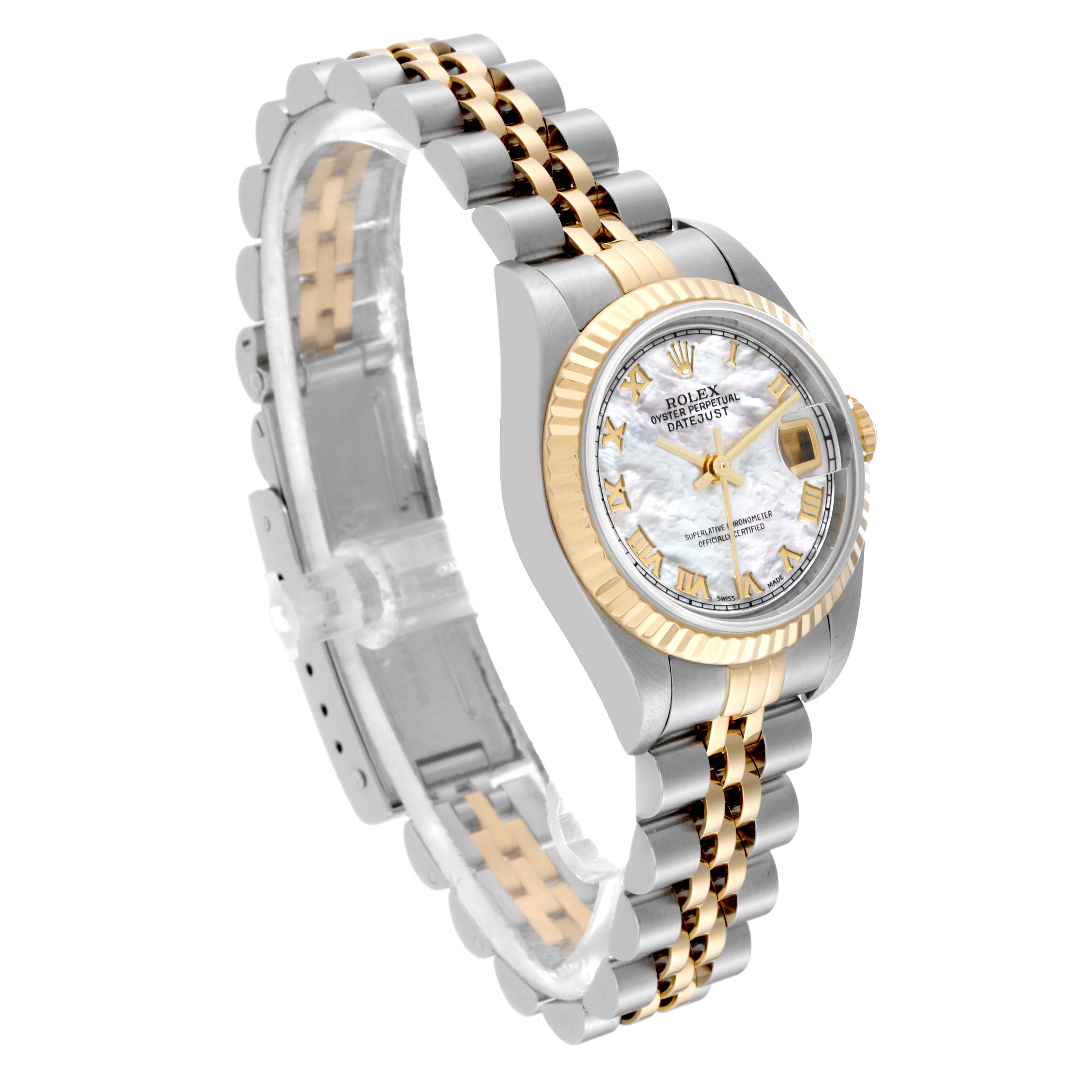 The Rolex Datejust 79173 Women
s Steel and Gold (two tone) Mother of Pearl Dial 79173 Women
s Steel and Gold (two tone) Mother of Pearl Dial watch is shown at a slight side angle, highlighting its two-tone bracelet and intricate dial.