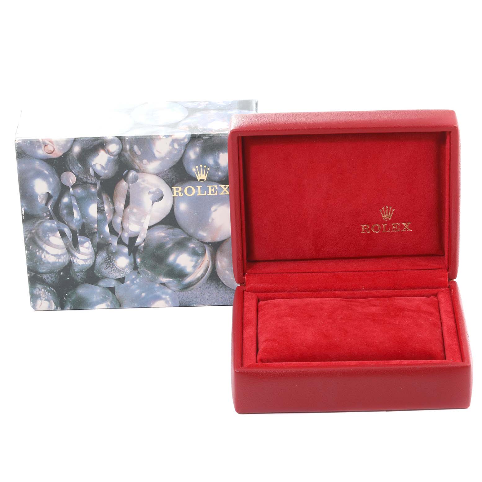 The image shows an open red Rolex watch box and its outer packaging for a Datejust model.
