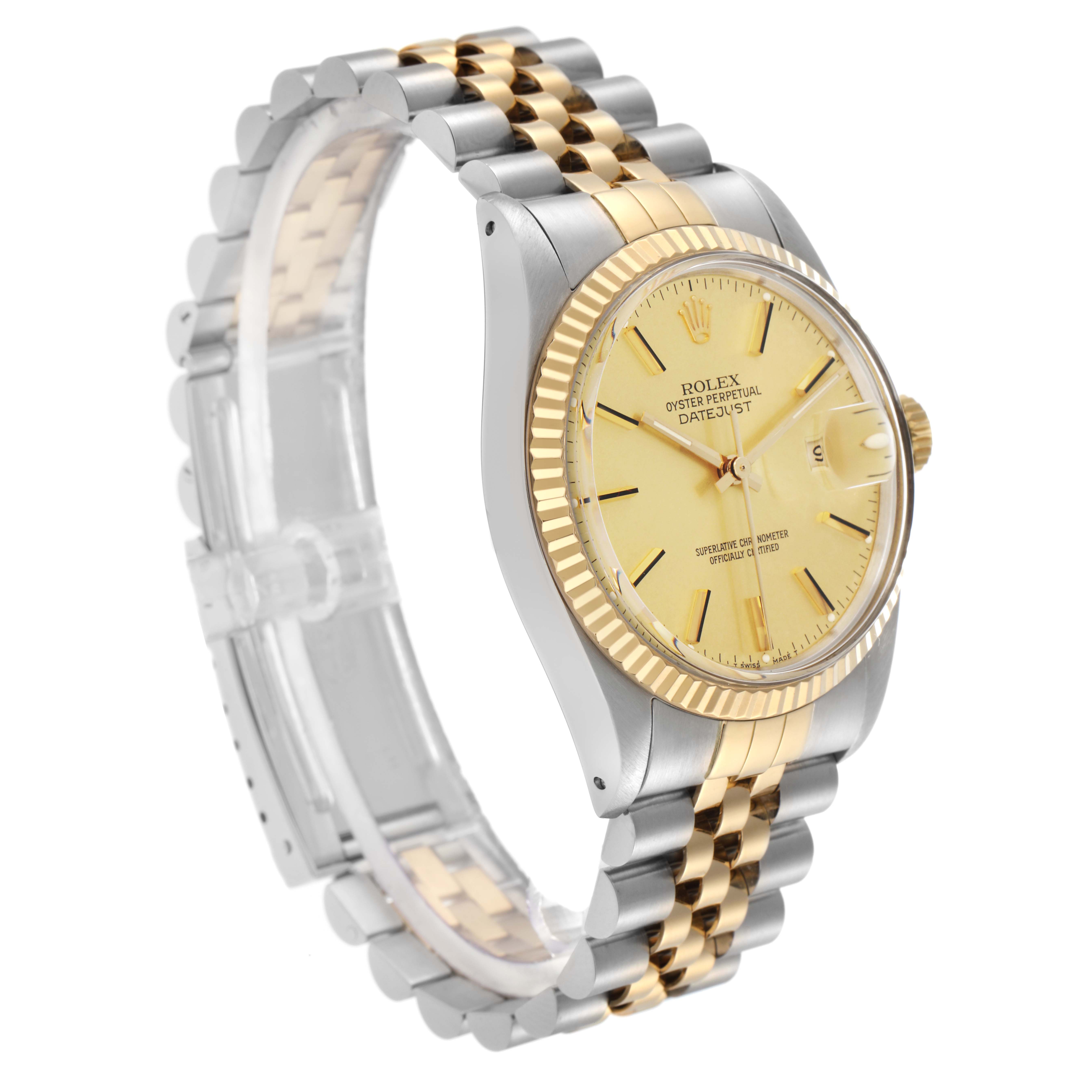 The Rolex Datejust 16013 Men
s Steel and Gold (two tone) Champagne Dial 16013 Men
s Steel and Gold (two tone) Champagne Dial watch is shown at a three-quarter angle, highlighting the dial, bezel, and two-tone Jubilee bracelet.