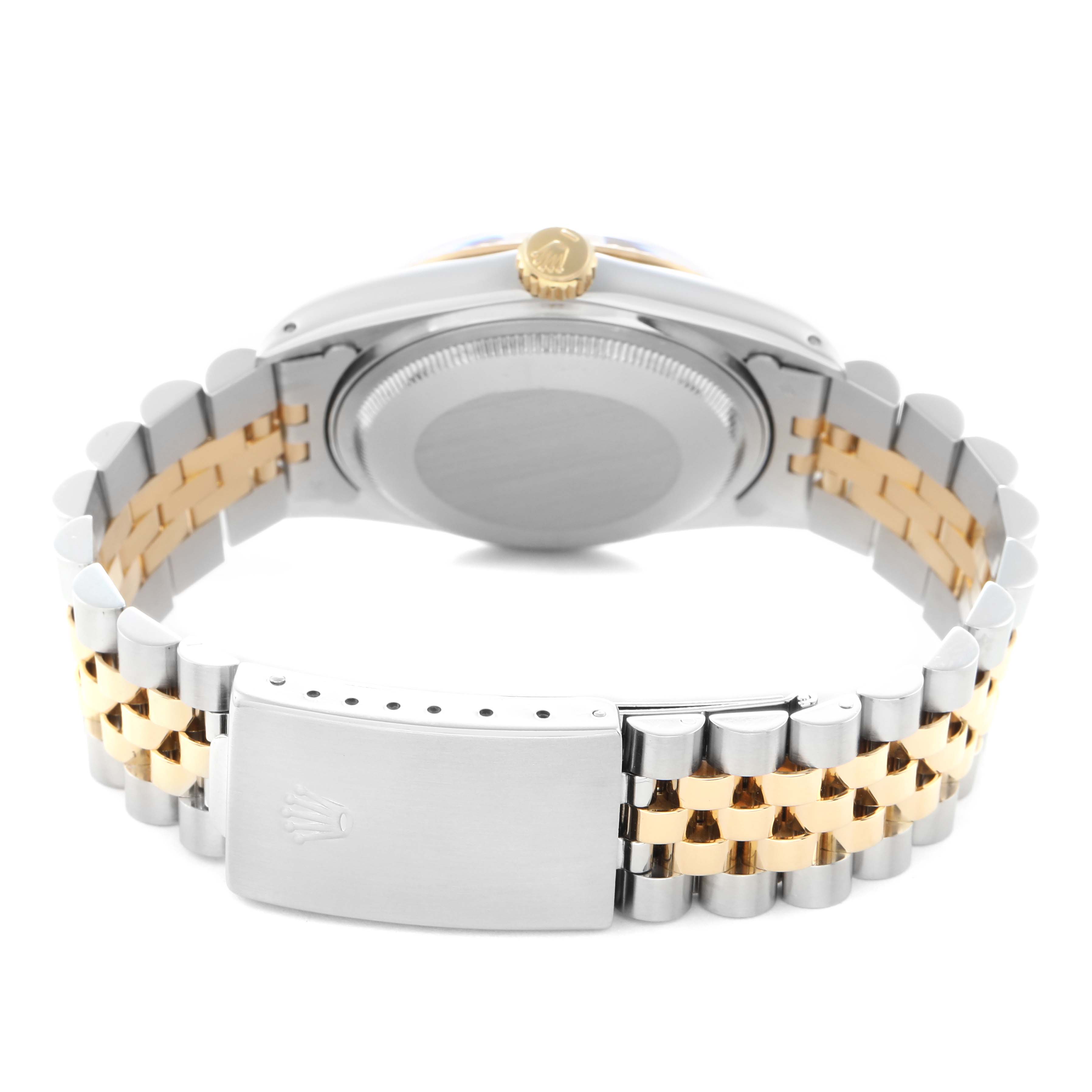 The image shows the back view of the Rolex Datejust 16013 Men
s Steel and Gold (two tone) Champagne Dial 16013 Men
s Steel and Gold (two tone) Champagne Dial, focusing on the case, bracelet, and clasp.