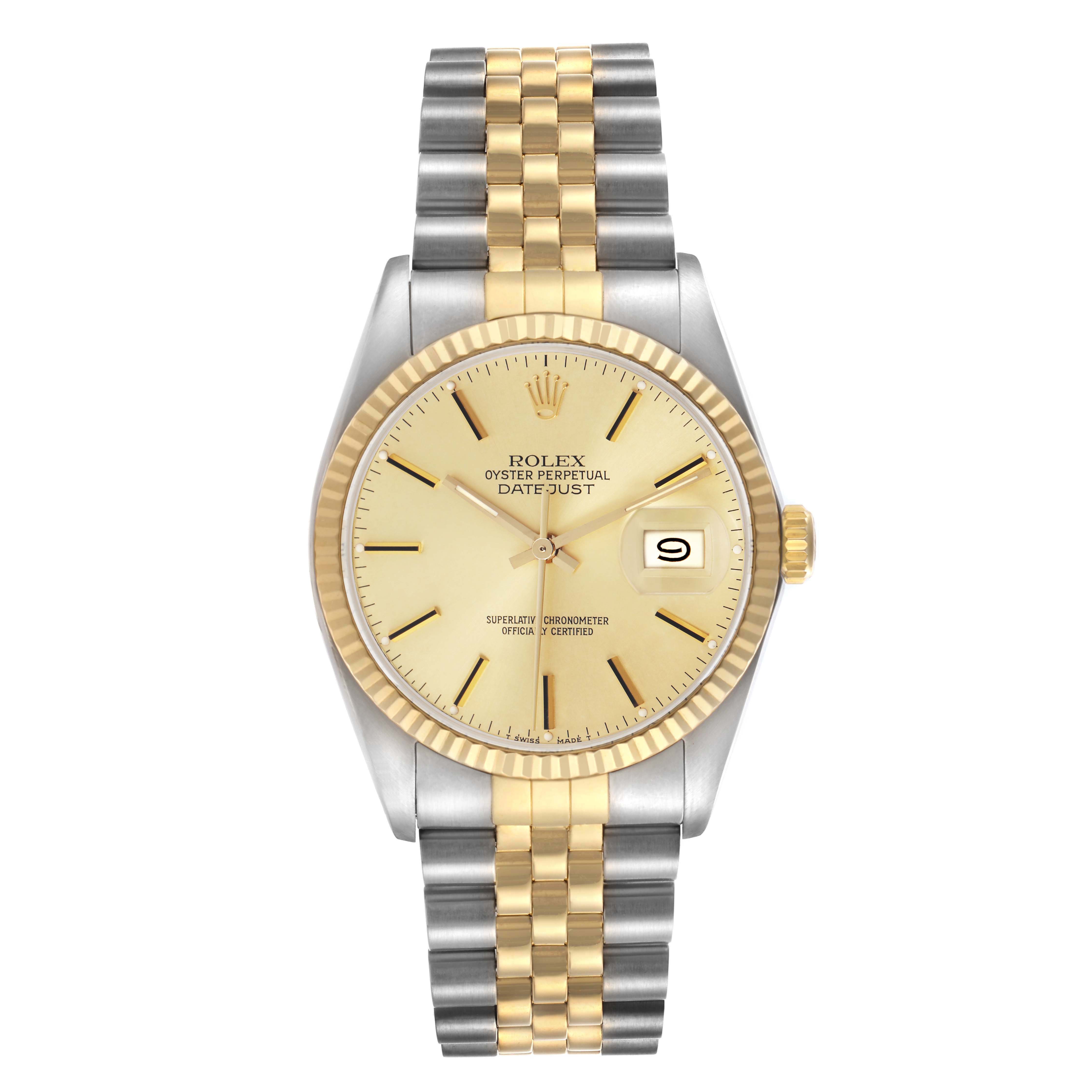 The Rolex Datejust 16013 Men
s Steel and Gold (two tone) Champagne Dial 16013 Men
s Steel and Gold (two tone) Champagne Dial watch is shown from the front, displaying the face, bezel, case, and two-tone Jubilee bracelet.
