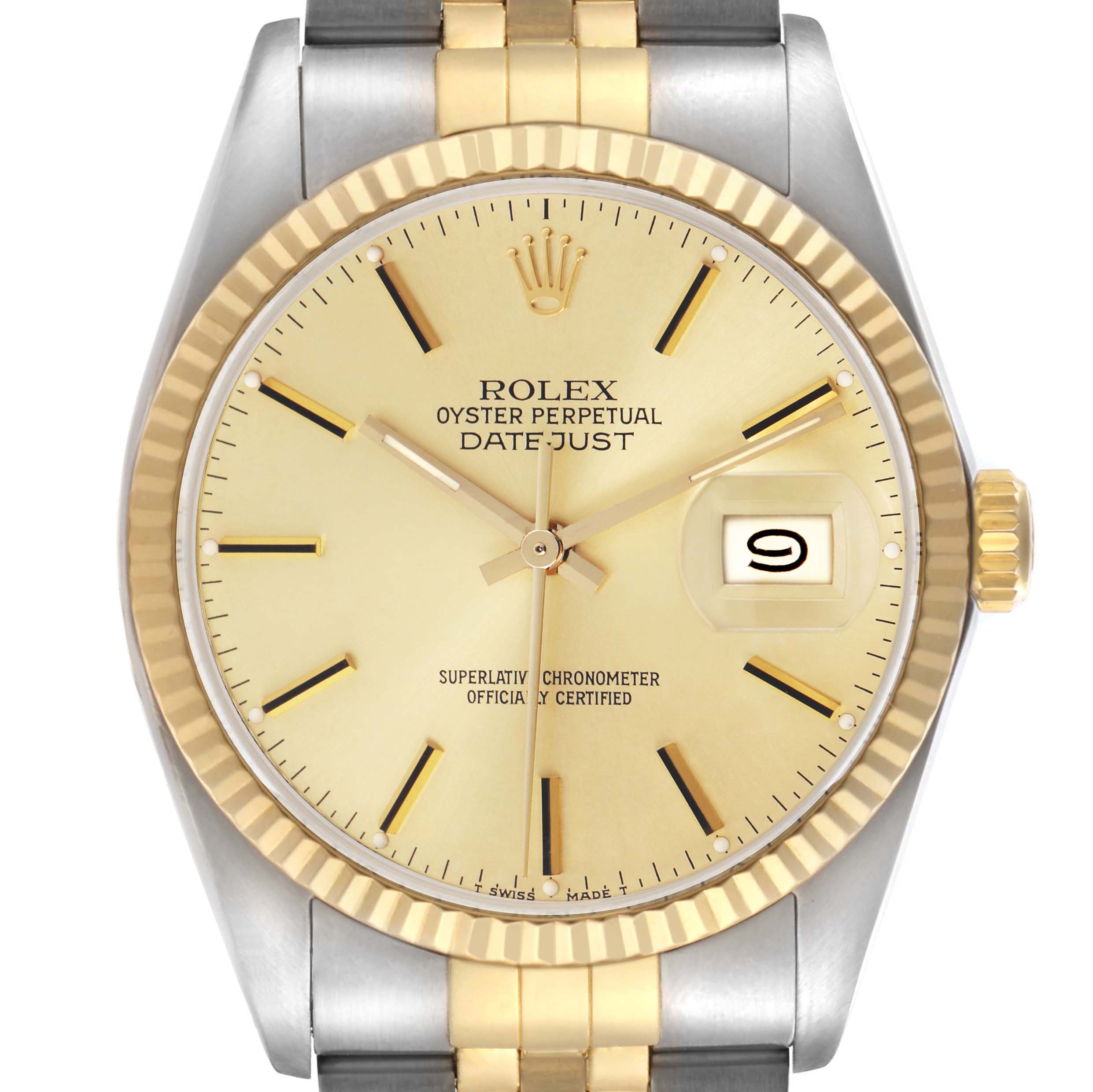 The Rolex Datejust 16013 Men
s Steel and Gold (two tone) Champagne Dial 16013 Men
s Steel and Gold (two tone) Champagne Dial is shown from a straight-on angle, highlighting the dial, fluted bezel, and part of the two-tone bracelet.