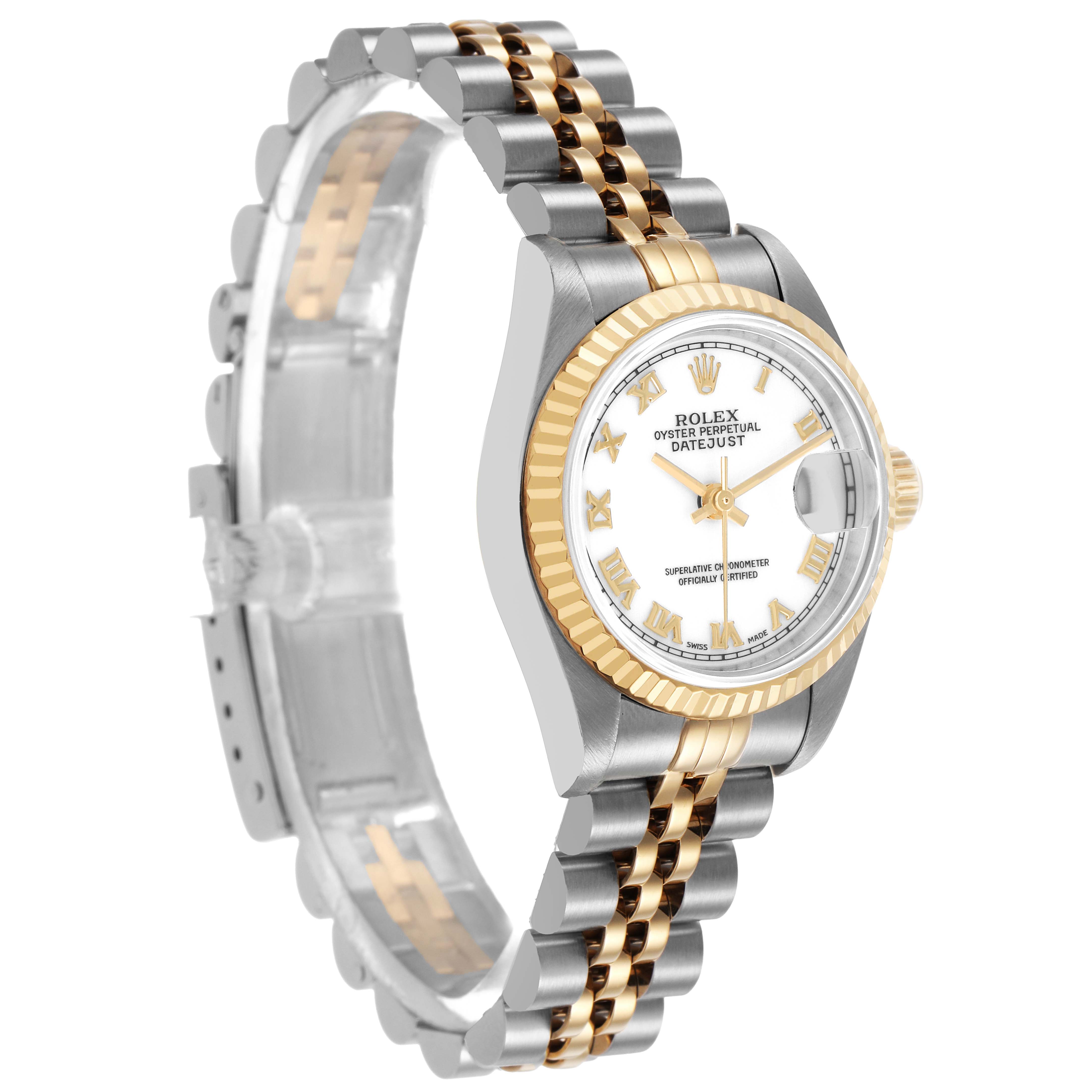 The image shows a Rolex Datejust 69173 Women's Steel and Gold (two tone) White Dial watch at a three-quarter angle, displaying its face, fluted bezel, and jubilee bracelet.