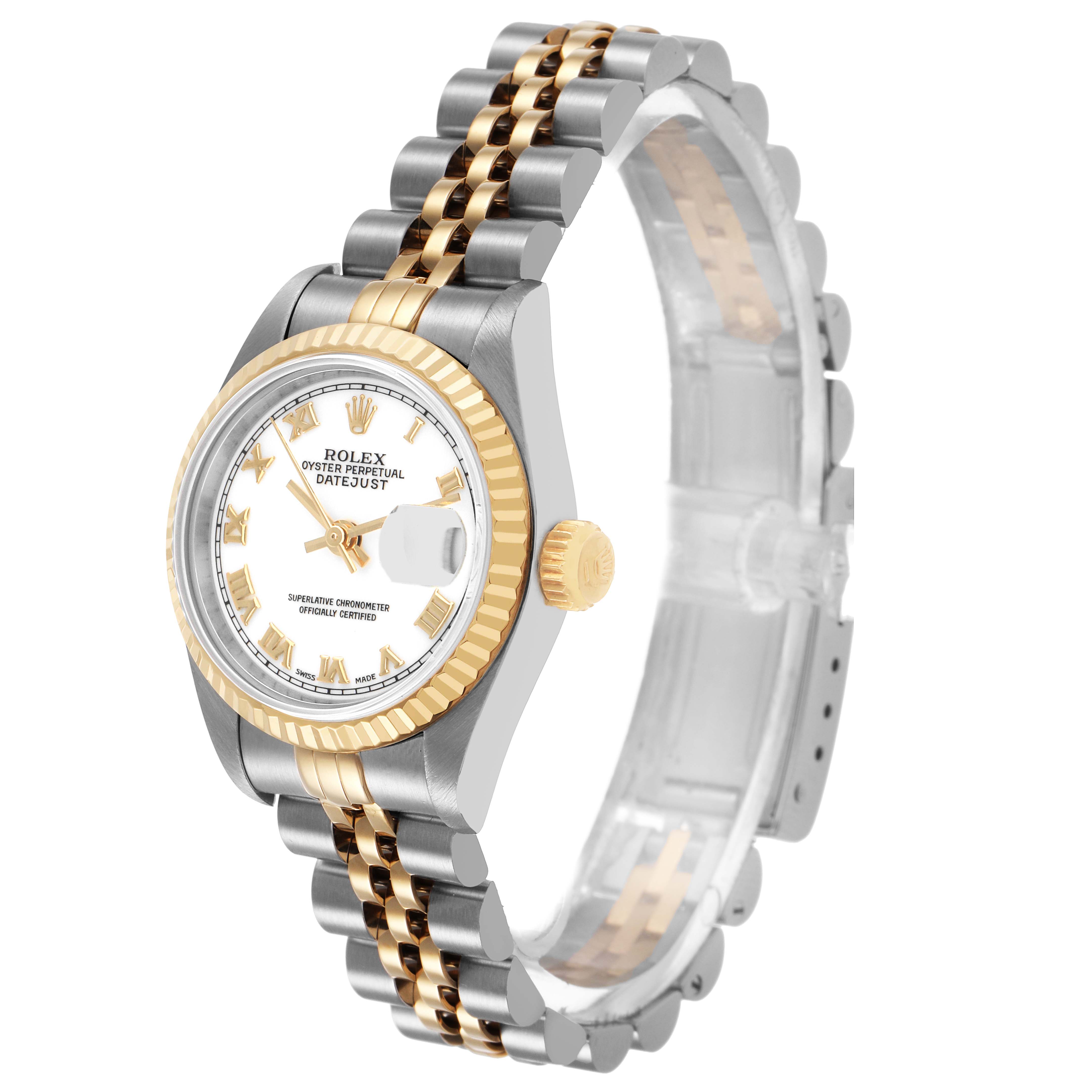 The Rolex Datejust 69173 Women's Steel and Gold (two tone) White Dial watch is shown at a slight angle, highlighting the case, dial, fluted bezel, crown, and Jubilee bracelet.
