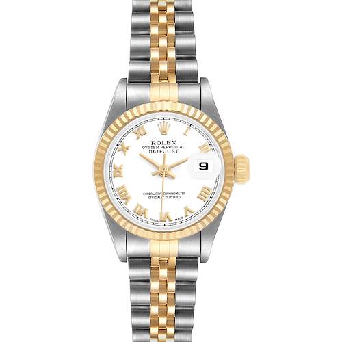 The Rolex Datejust 69173 Women's Steel and Gold (two tone) White Dial watch is shown from a top view, highlighting the face, bezel, and two-tone bracelet.
