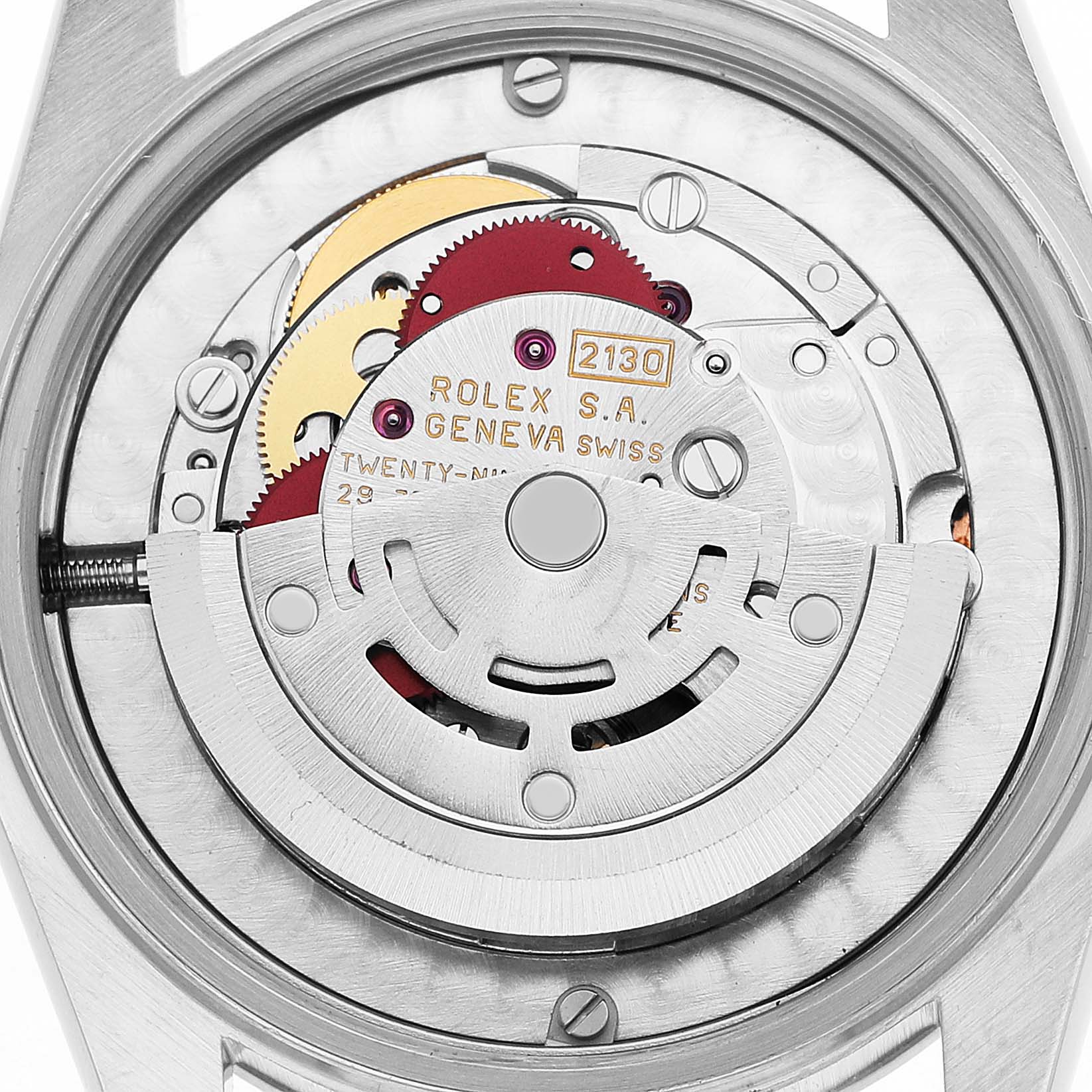 The image shows the movement of a Rolex Datejust 69173 Women's Steel and Gold (two tone) White Dial from the back, highlighting gears and rotor.