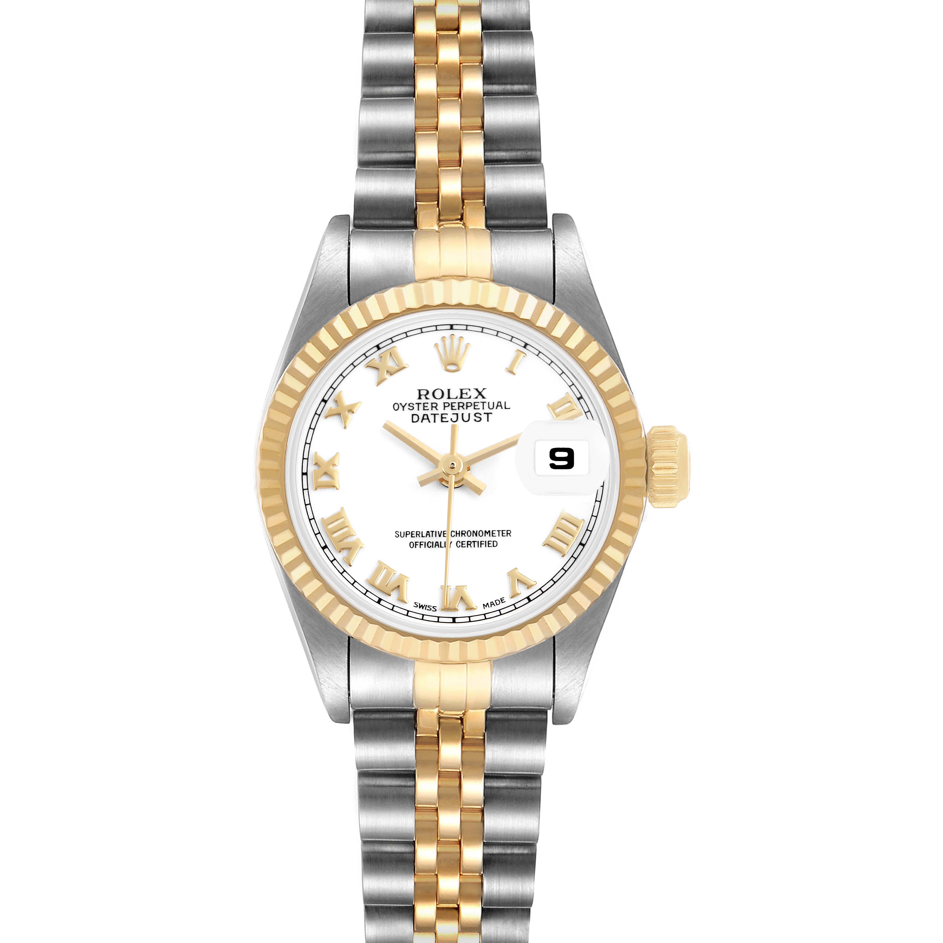 The Rolex Datejust 69173 Women's Steel and Gold (two tone) White Dial watch is shown from a top view, highlighting the dial, bezel, and bracelet in a two-tone design.