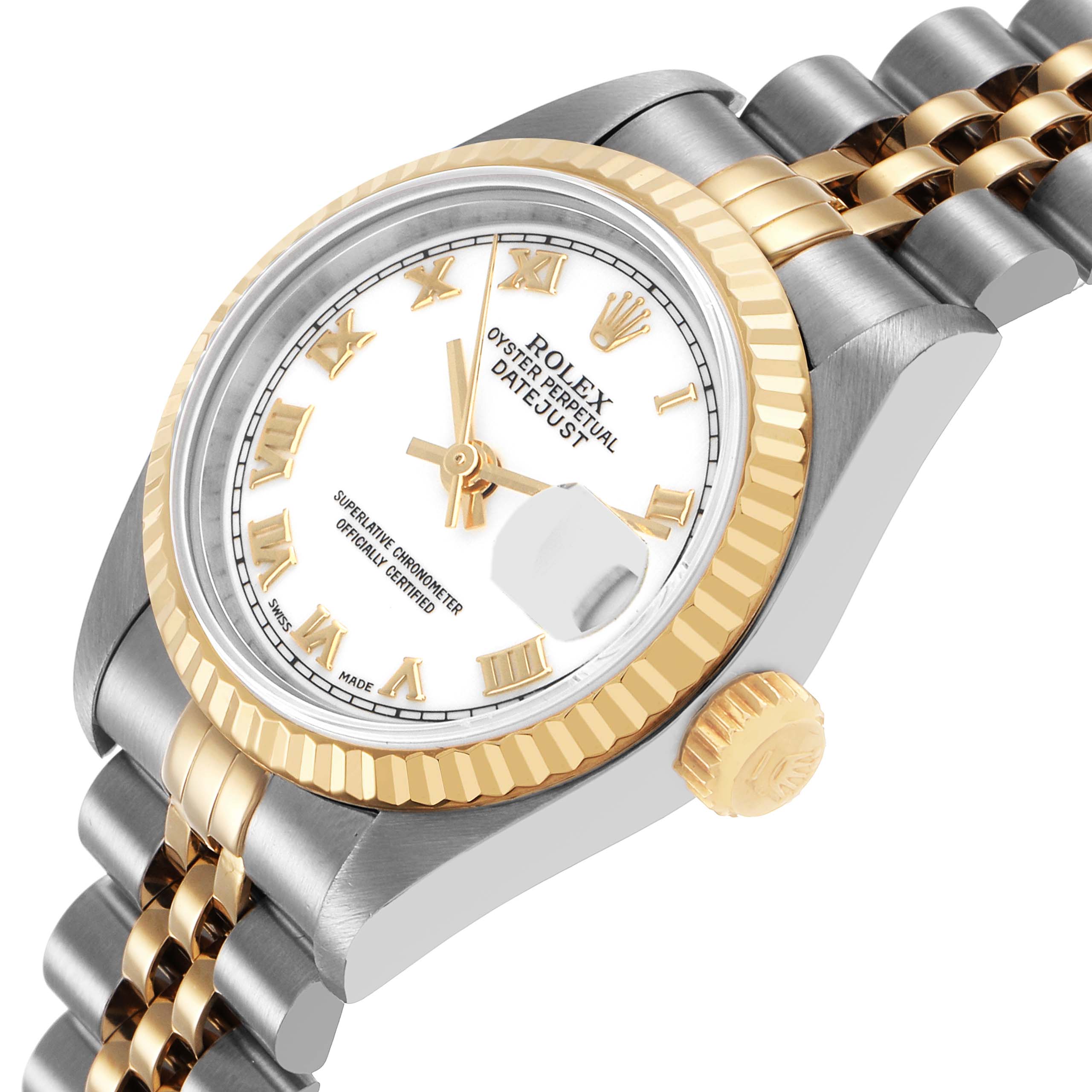 The Rolex Datejust 69173 Women's Steel and Gold (two tone) White Dial watch is shown from a side angle, highlighting the watch face, bezel, and part of the bracelet.