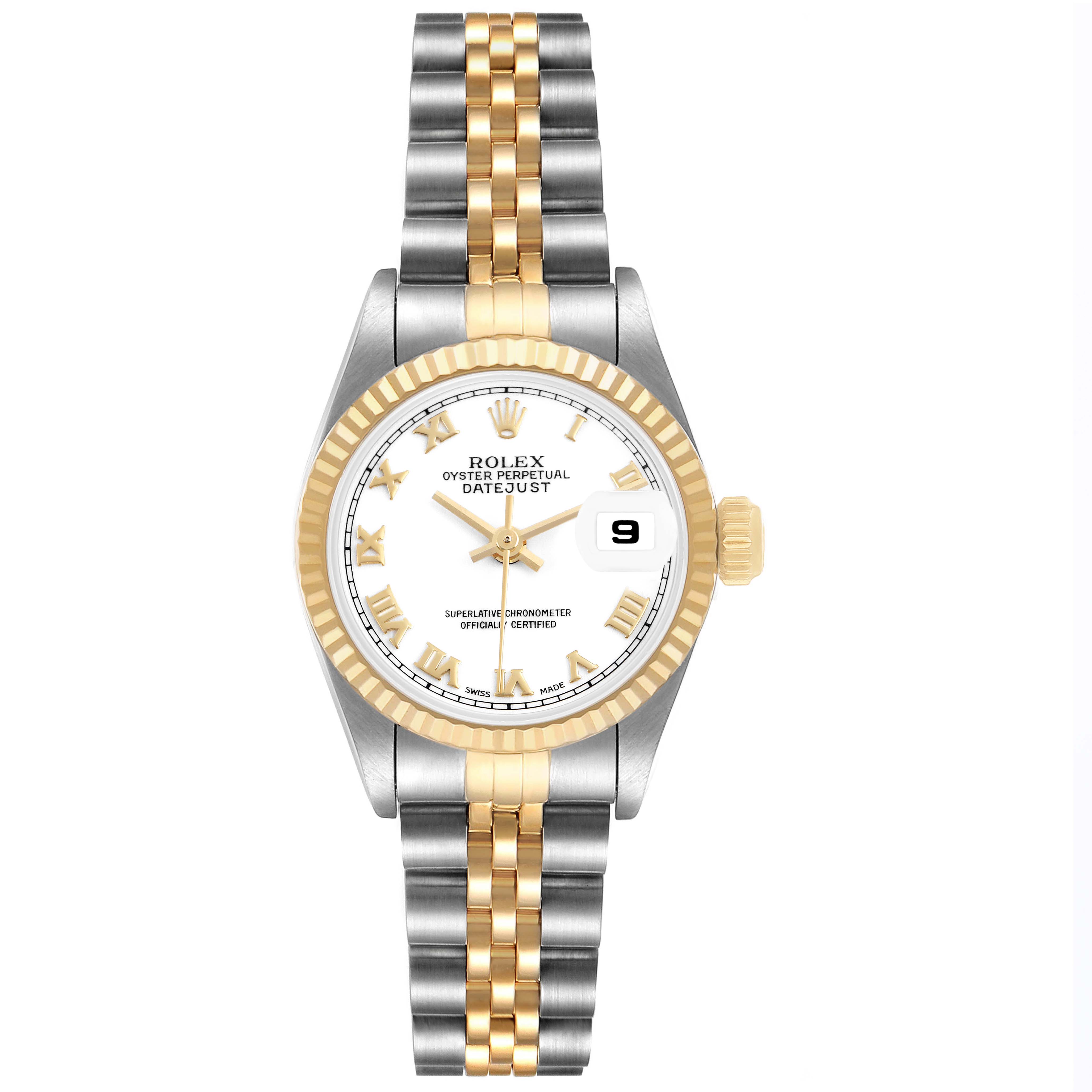 The Rolex Datejust 69173 Women's Steel and Gold (two tone) White Dial watch is shown from a top view, highlighting the bezel, dial, crown, and two-tone bracelet.