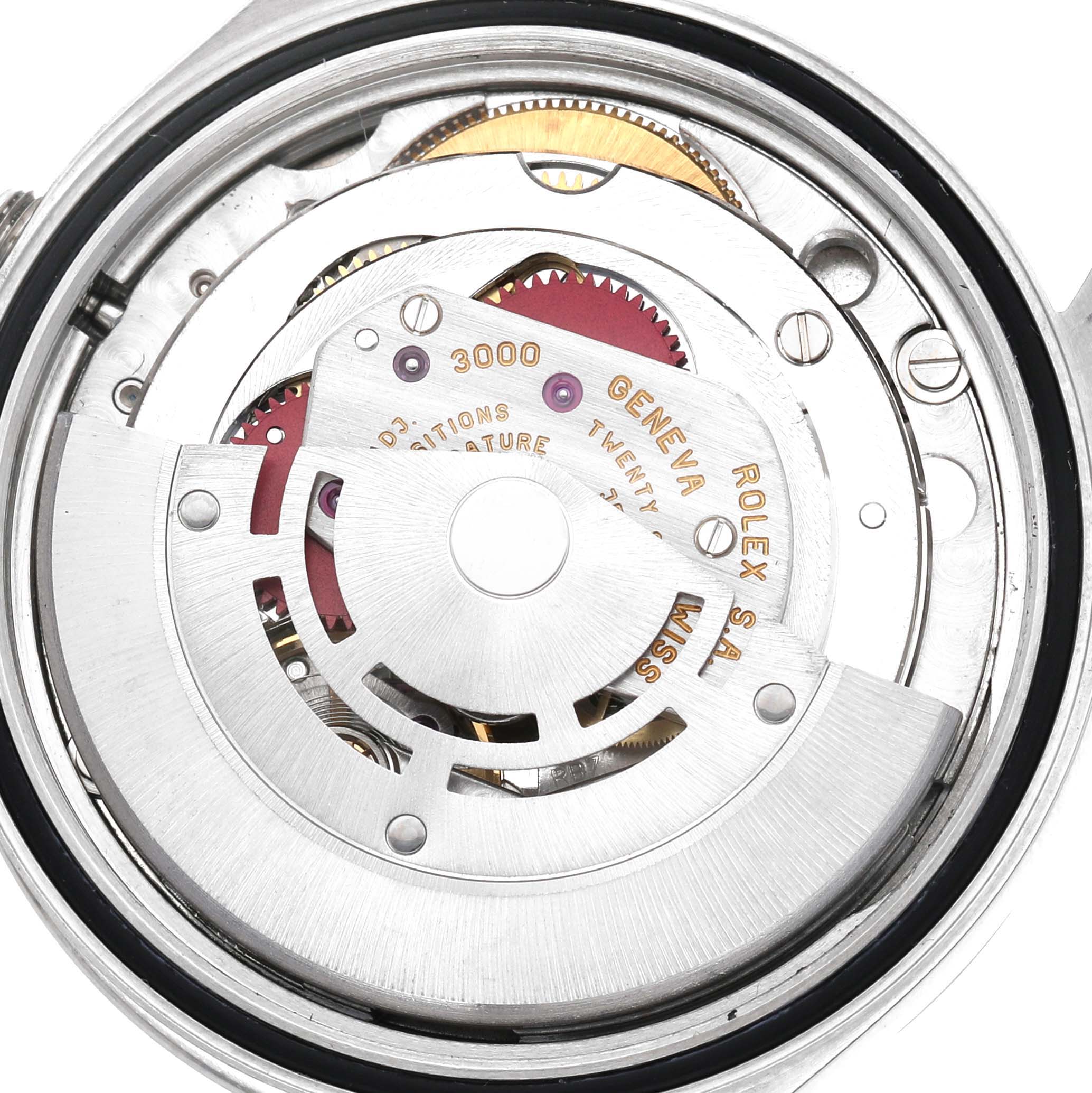 The image shows the movement mechanism of a Rolex Explorer 14270 Men's Stainless Steel Black Dial watch, focusing on the intricate inner components.