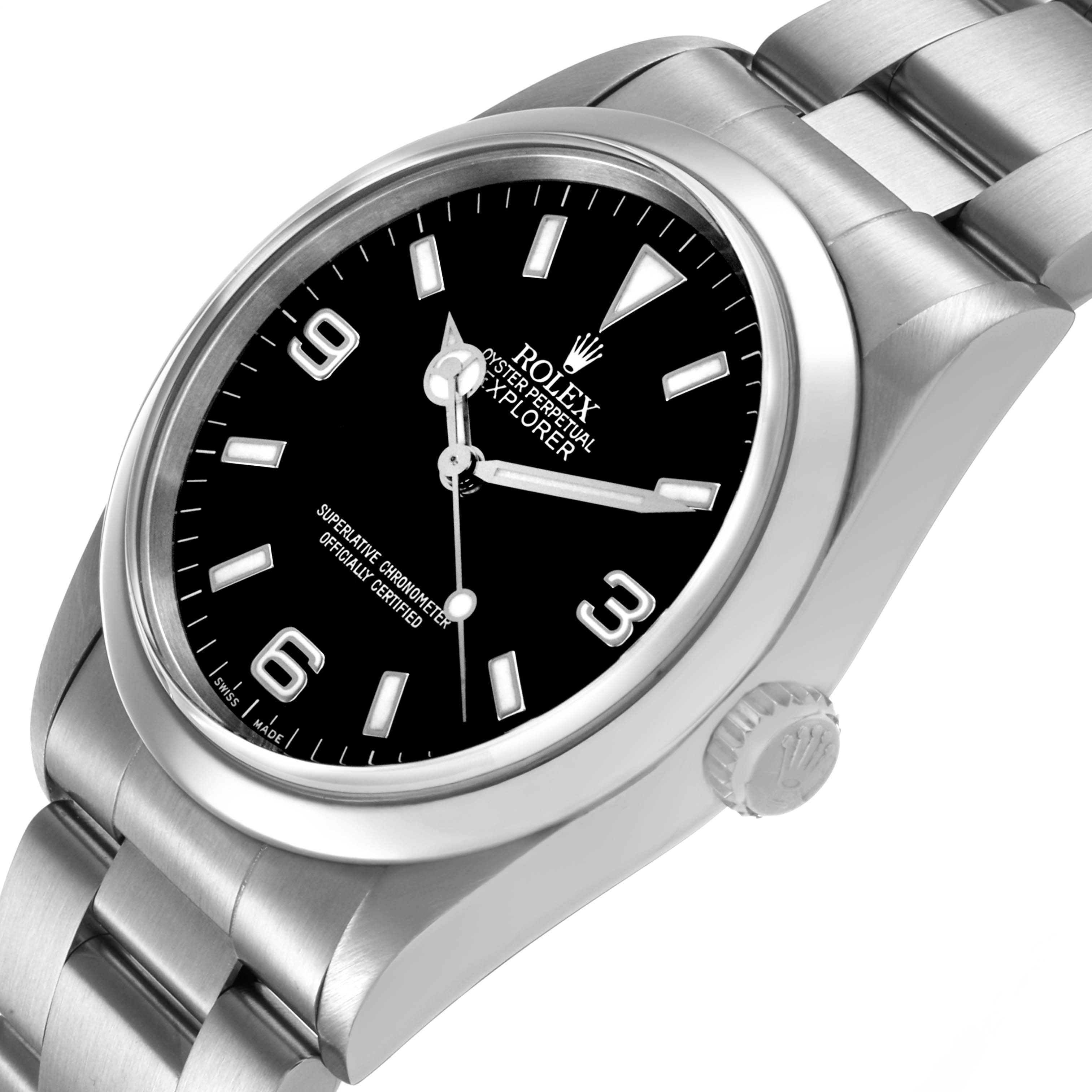 The Rolex Explorer 14270 Men's Stainless Steel Black Dial watch is shown from a three-quarter angle, displaying the face, bezel, crown, and part of the bracelet.