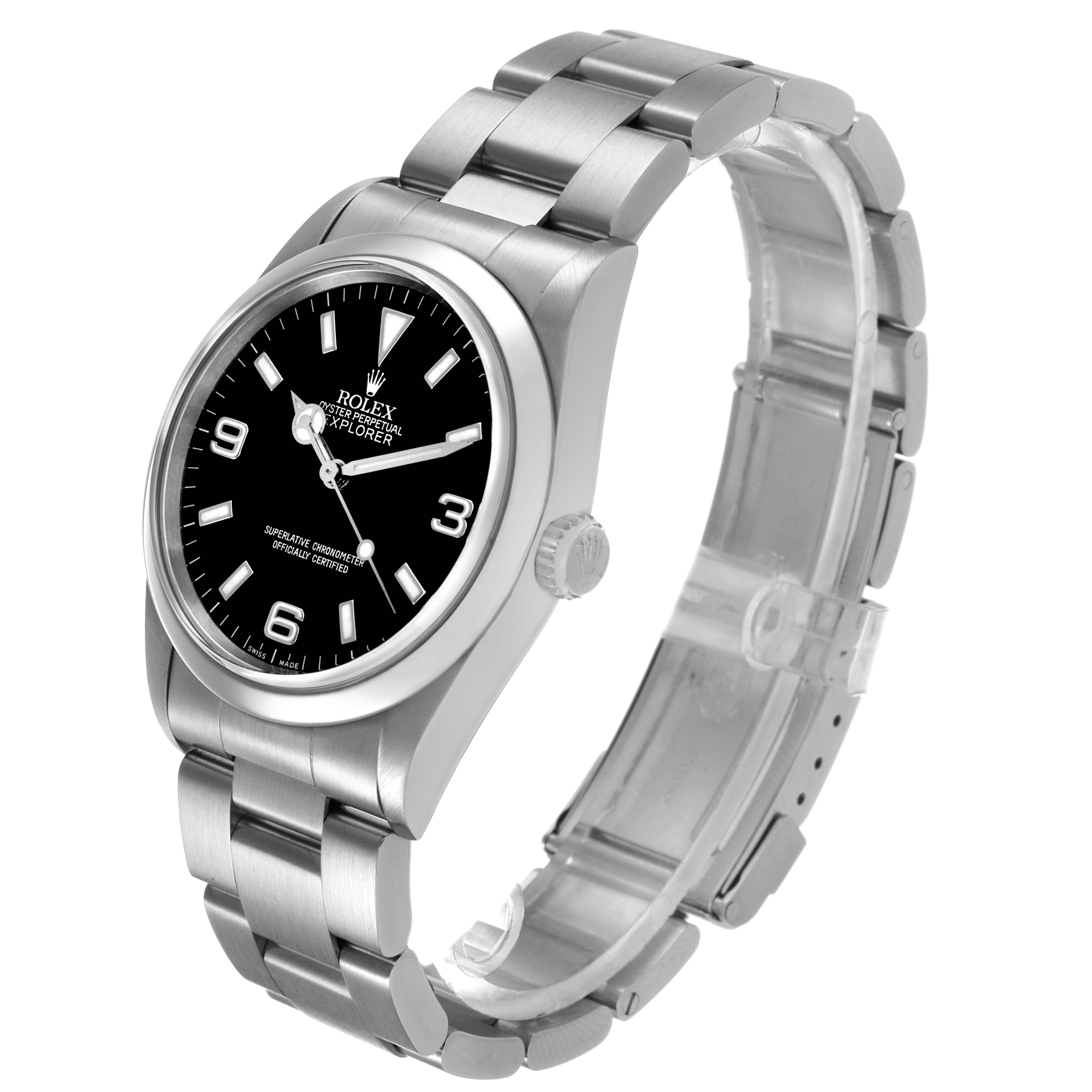The Rolex Explorer 14270 Men's Stainless Steel Black Dial watch is shown at an angled view, highlighting its face, bezel, crown, and bracelet.